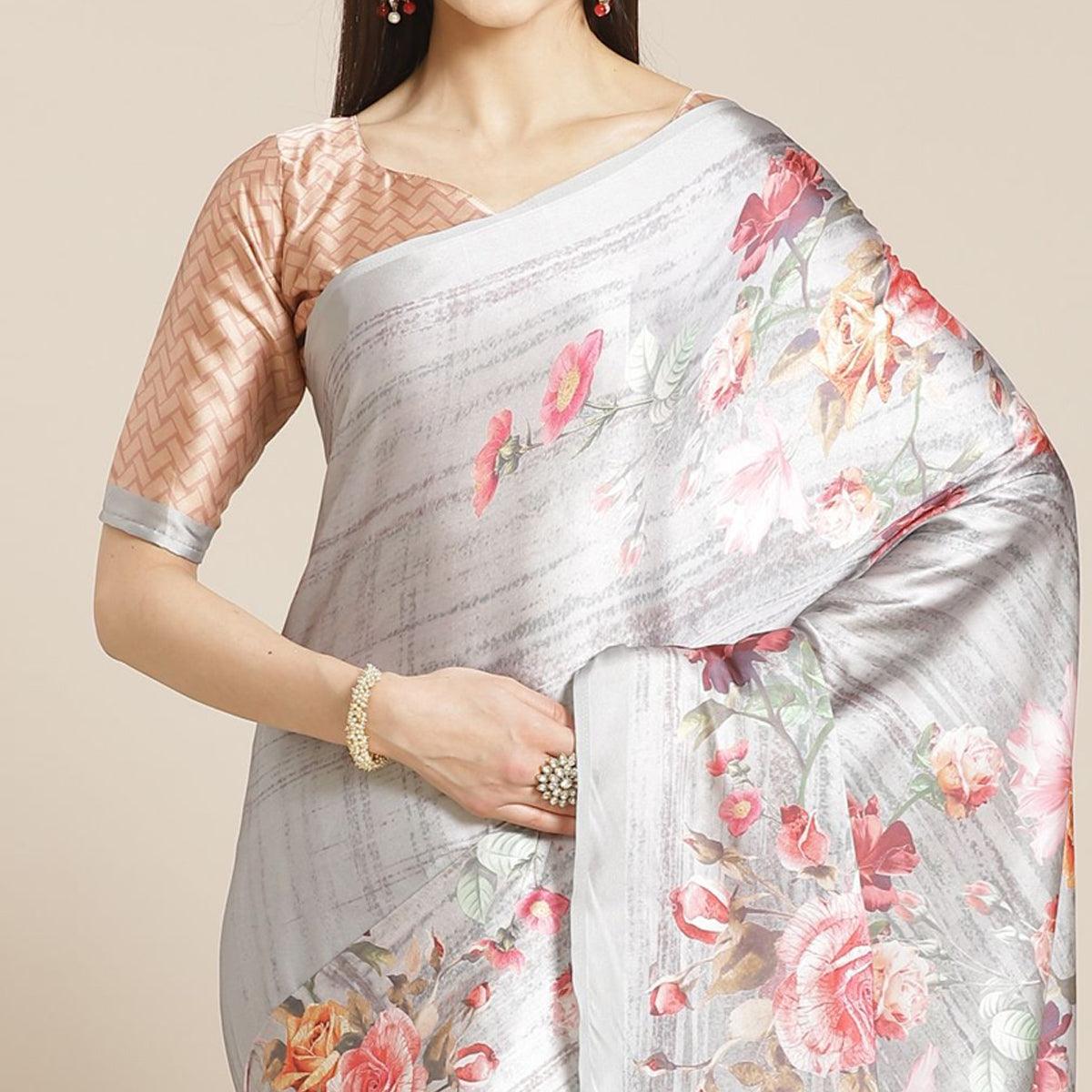 Graceful Grey Colored Casual Wear Printed Satin Crepe Saree - Peachmode
