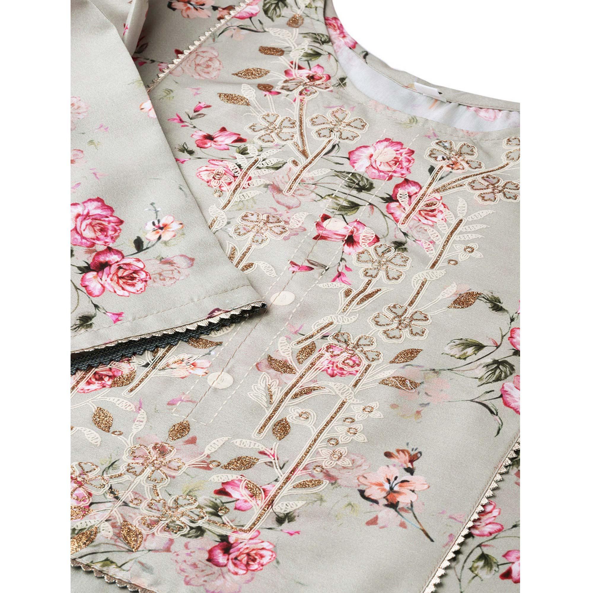 Graceful Grey Colored Party Wear Floral Digital Printed Cotton Kurti With Dupatta - Peachmode