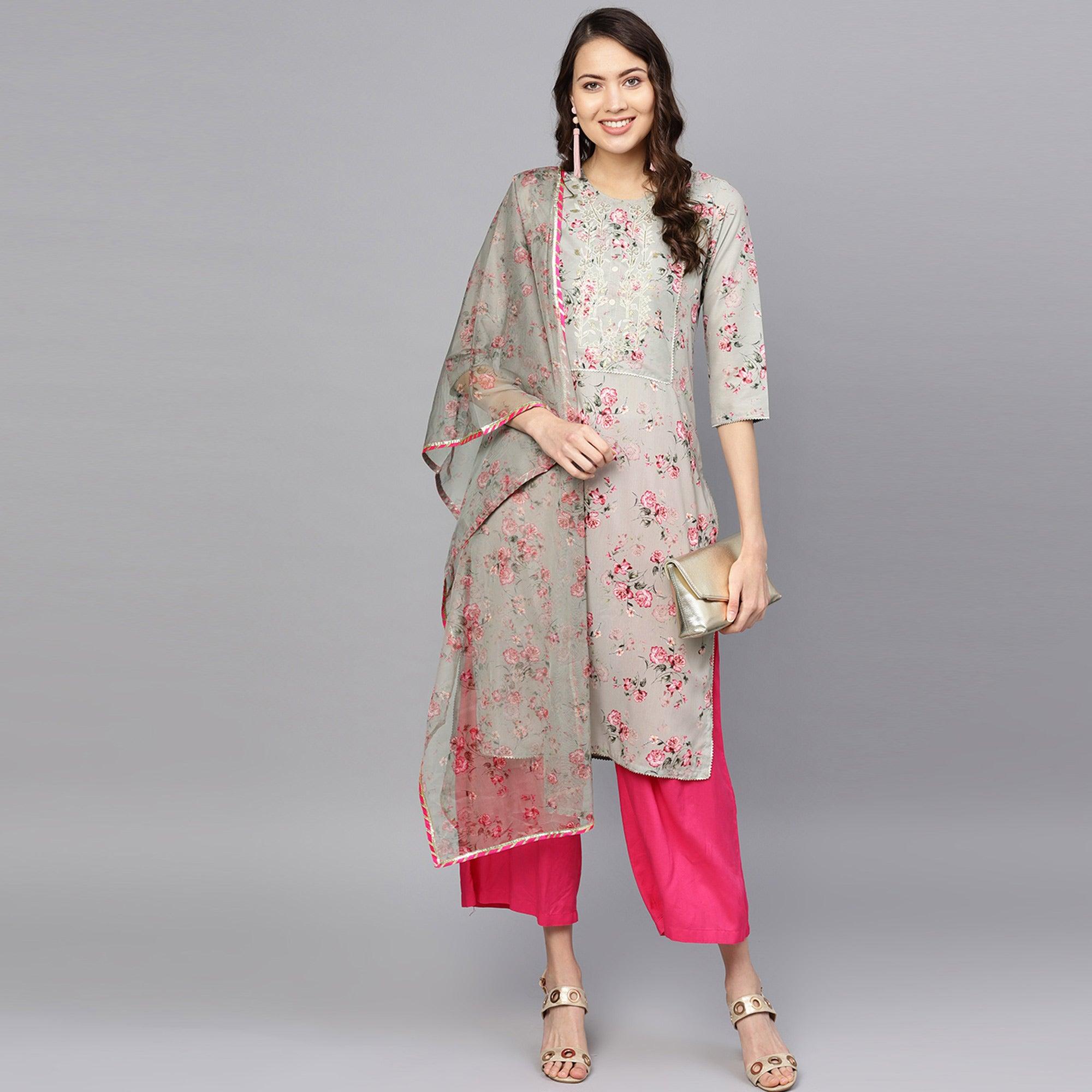 Graceful Grey Colored Party Wear Floral Digital Printed Cotton Kurti With Dupatta - Peachmode