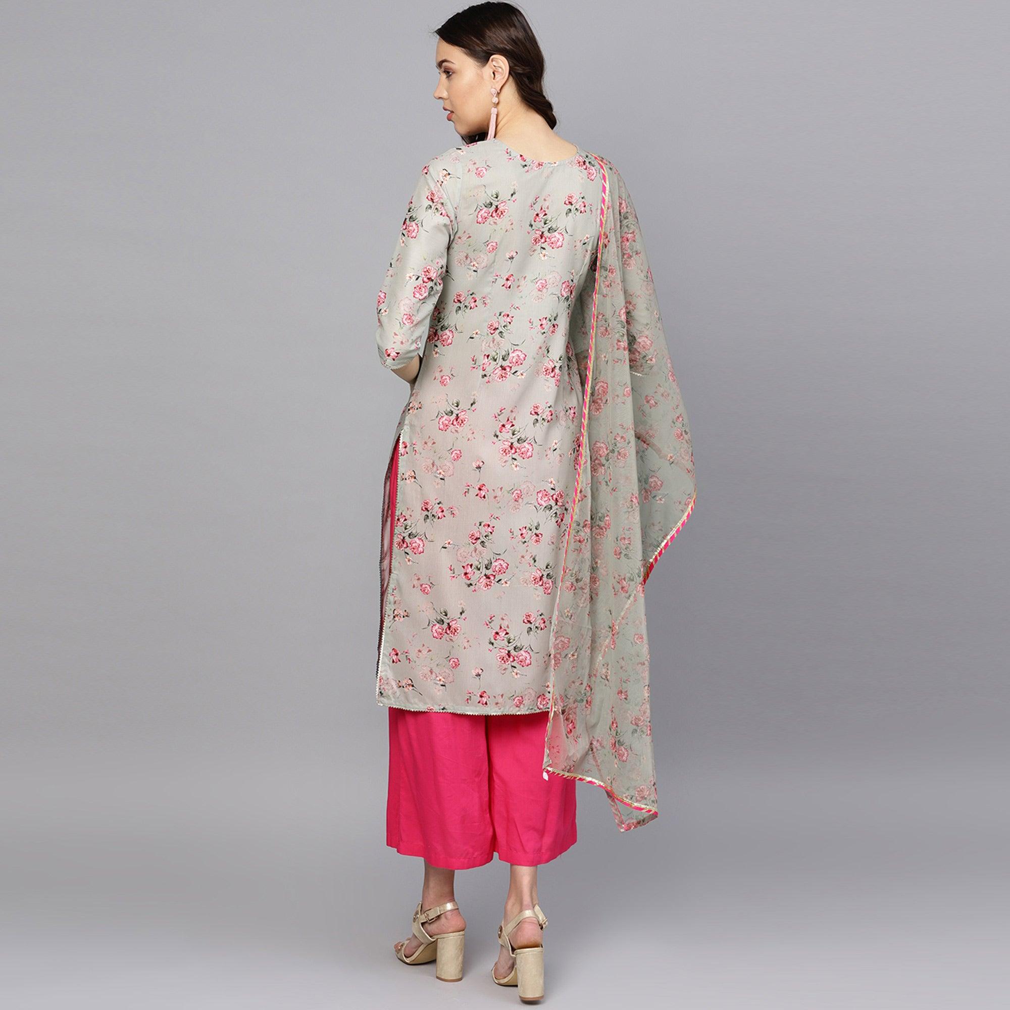 Graceful Grey Colored Party Wear Floral Digital Printed Cotton Kurti With Dupatta - Peachmode