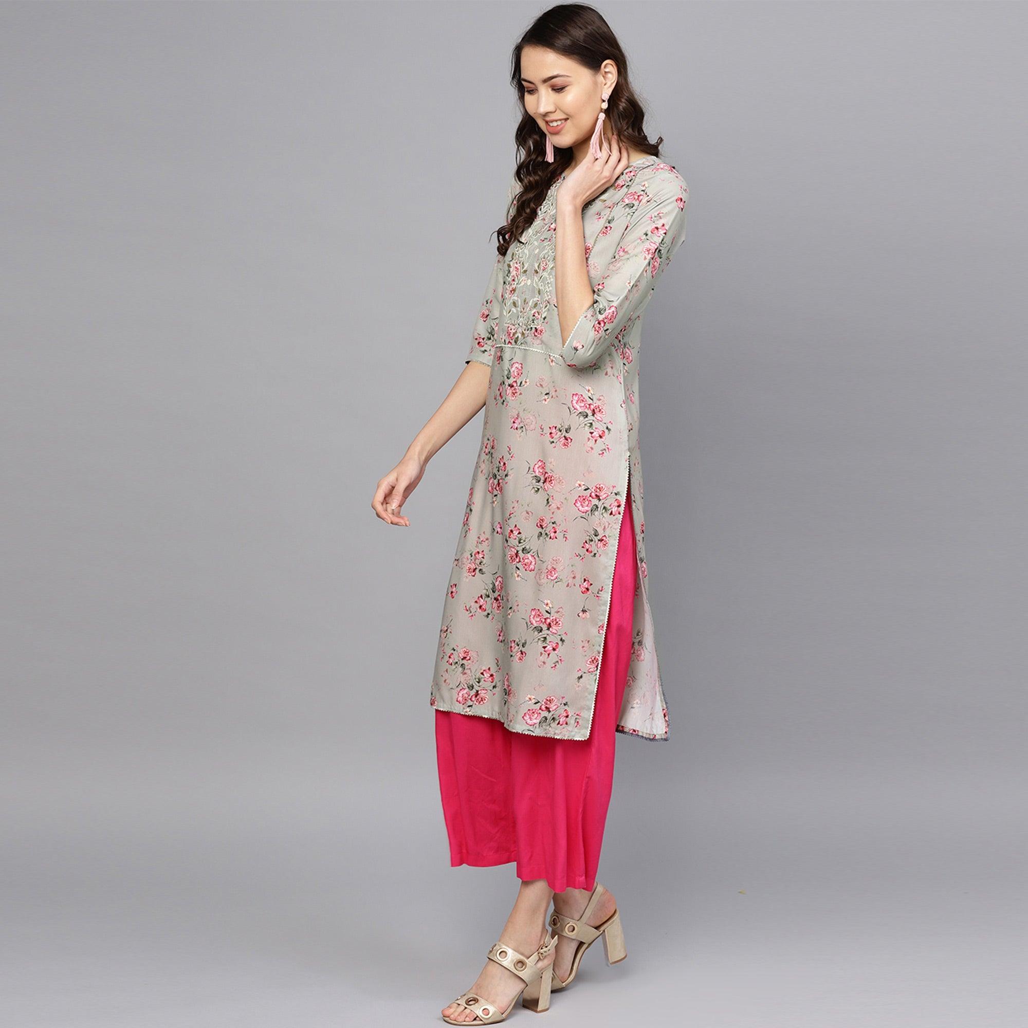 Graceful Grey Colored Party Wear Floral Digital Printed Cotton Kurti With Dupatta - Peachmode