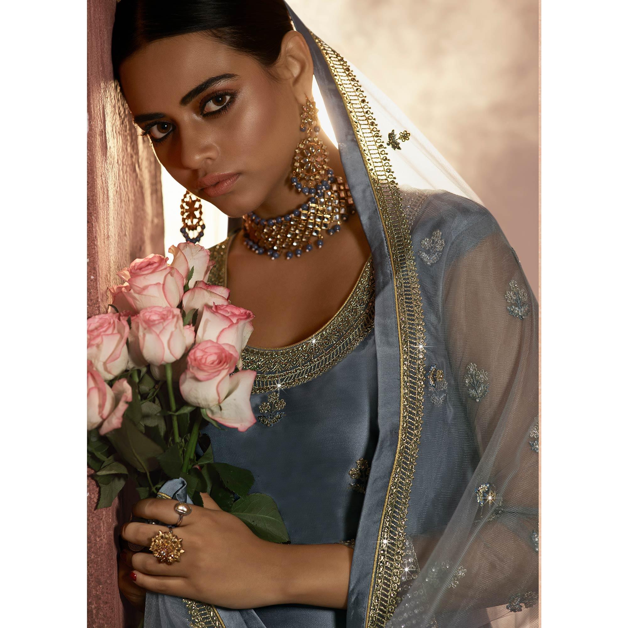 Graceful Grey Coloured Partywear Embroidered Super Net Sharara Style Salwar Suit - Peachmode