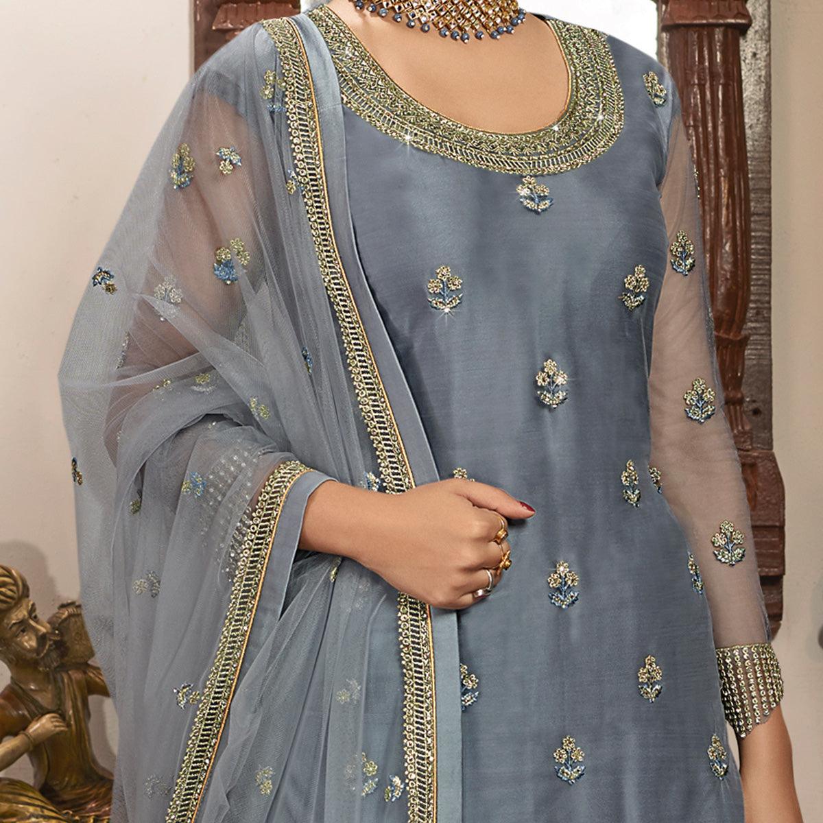 Graceful Grey Coloured Partywear Embroidered Super Net Sharara Style Salwar Suit - Peachmode