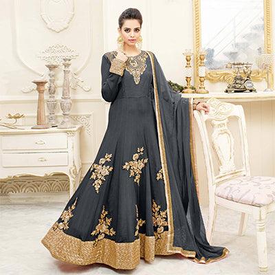 Graceful Grey Embroidered Shahi Chiffon Anarkali Suit - Peachmode