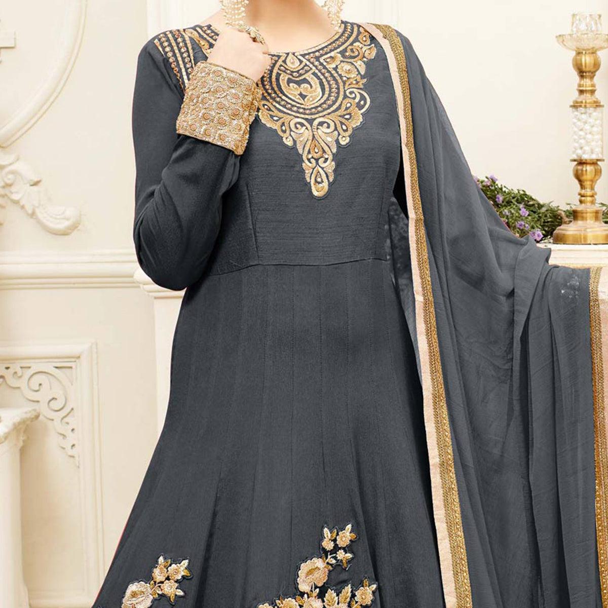 Graceful Grey Embroidered Shahi Chiffon Anarkali Suit - Peachmode