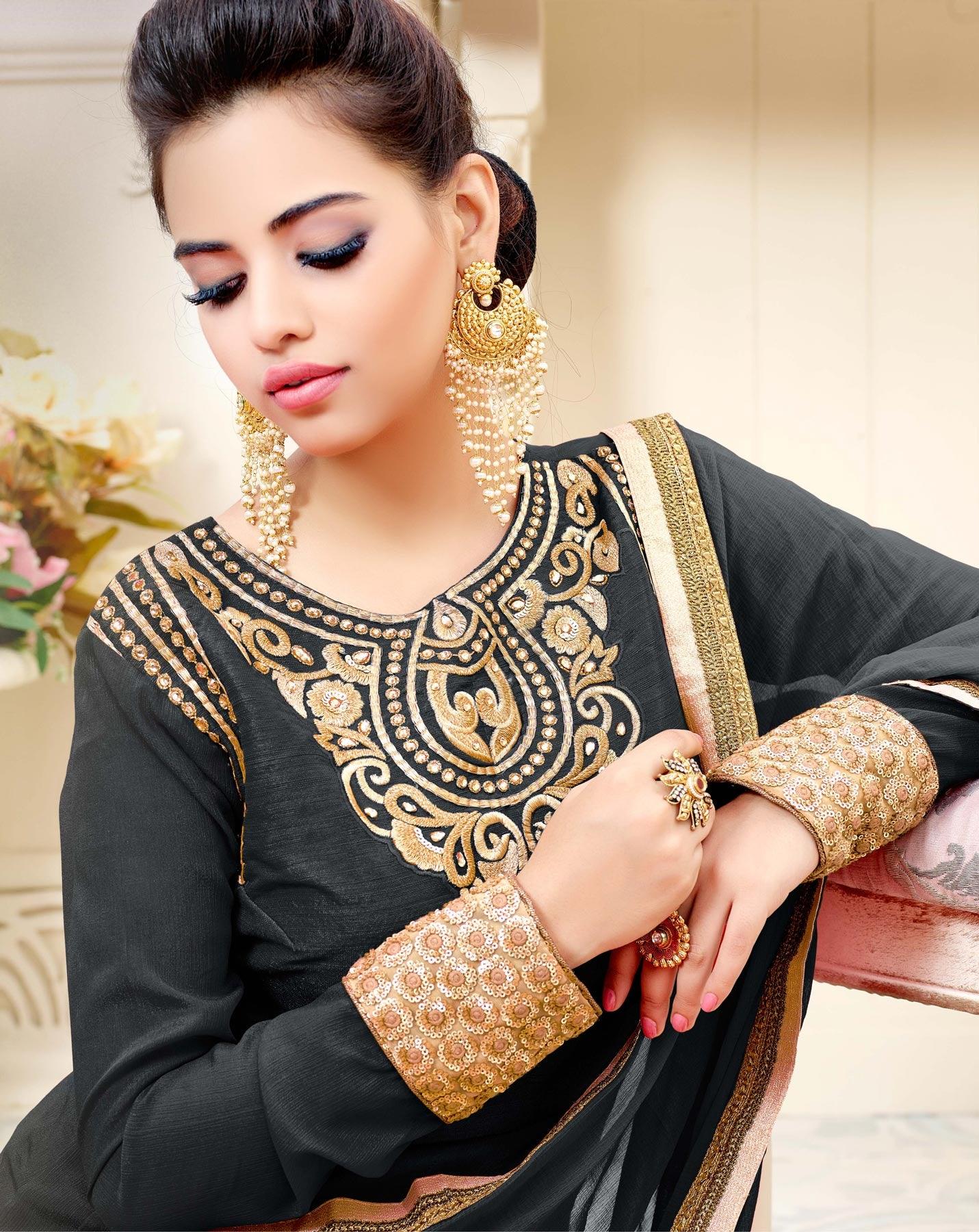 Graceful Grey Embroidered Shahi Chiffon Anarkali Suit - Peachmode