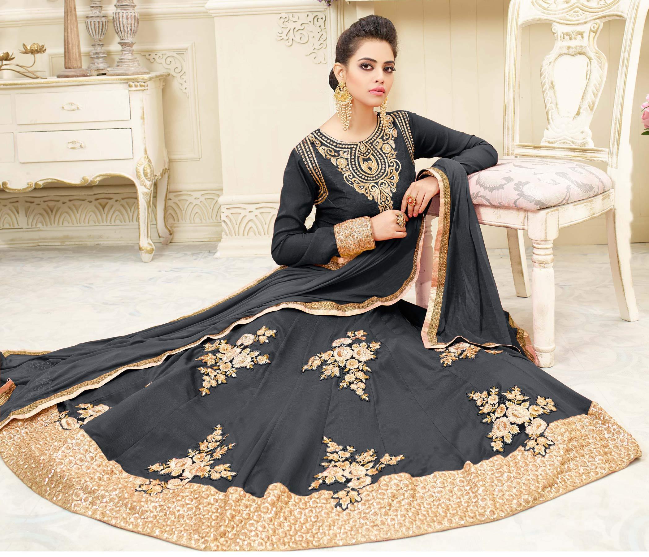 Graceful Grey Embroidered Shahi Chiffon Anarkali Suit - Peachmode