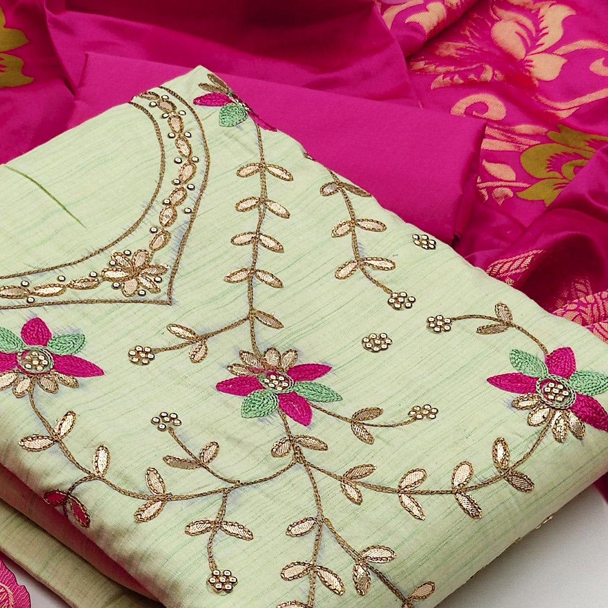 Graceful Light Green Colored Festive Wear Embroidered Handloom Cotton Dress Material - Peachmode