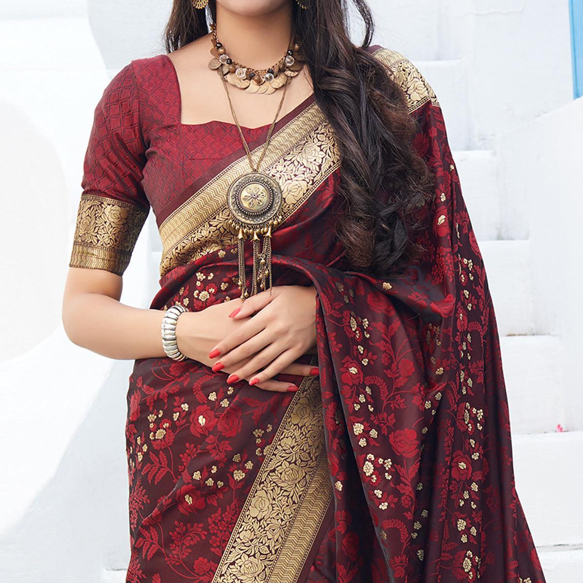 Graceful Maroon Colored Festive Wear Woven Banarasi Silk Saree - Peachmode