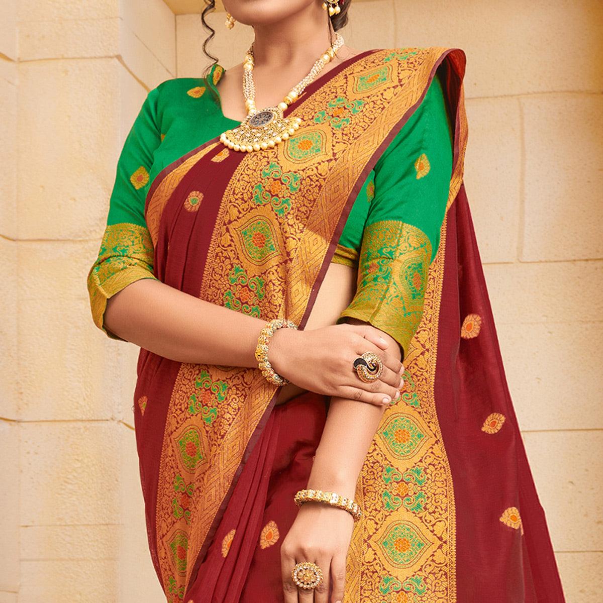 Graceful Maroon Colored Festive Wear Woven Cotton Saree - Peachmode