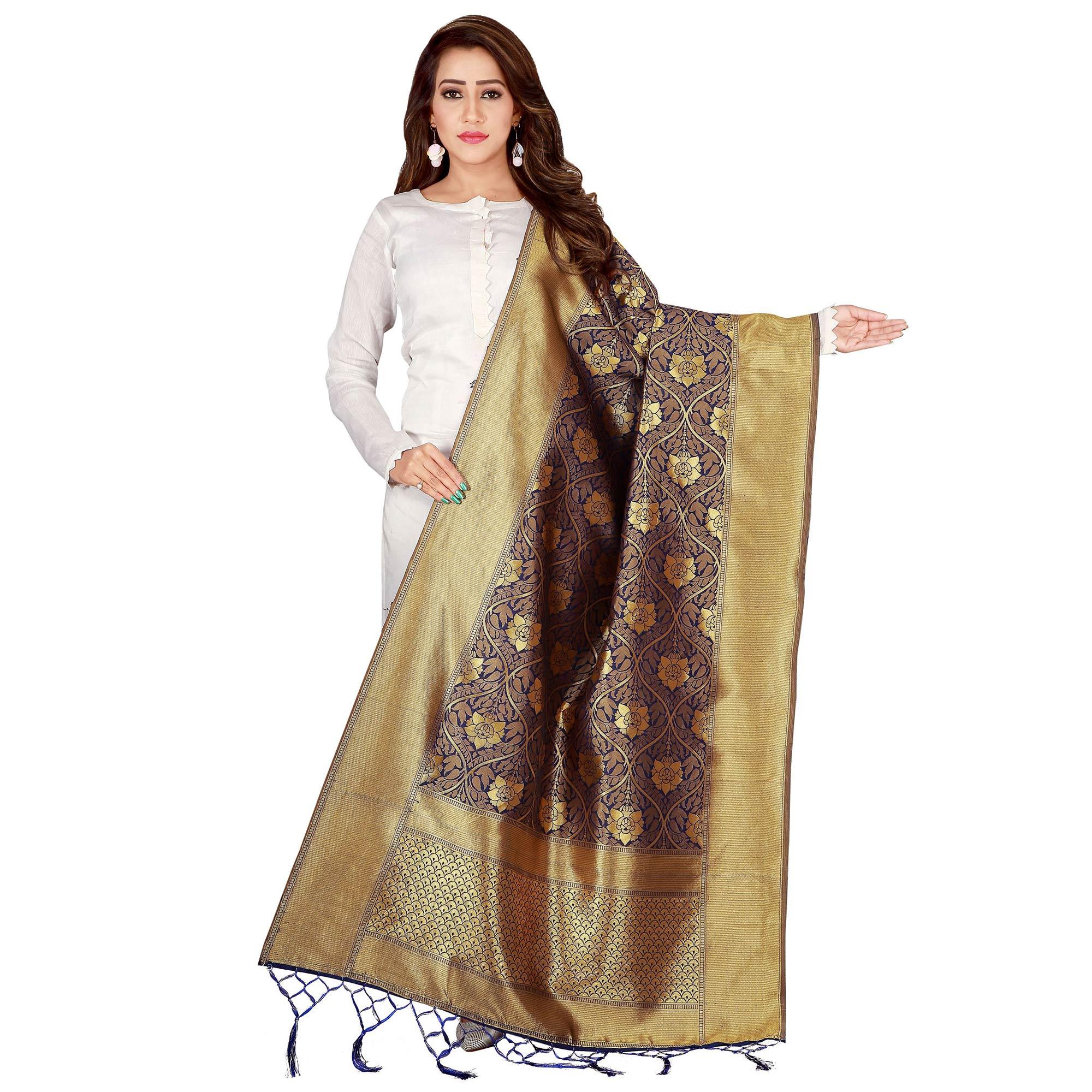 Graceful Navy Blue Colored Festive Wear Banarasi Silk Dupatta - Peachmode