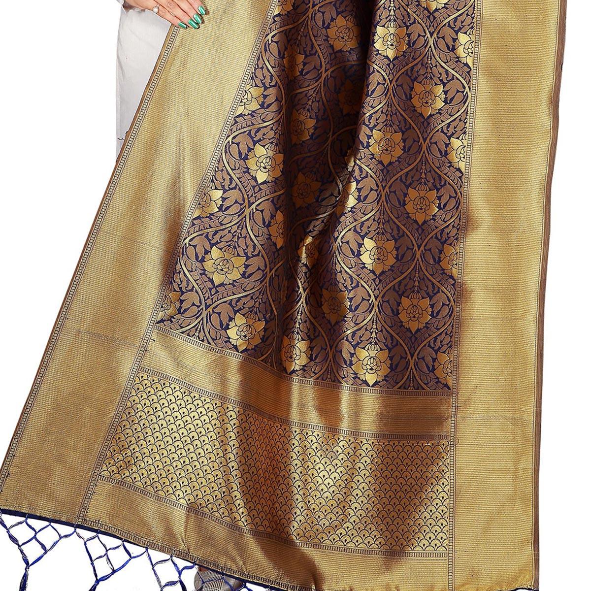 Graceful Navy Blue Colored Festive Wear Banarasi Silk Dupatta - Peachmode