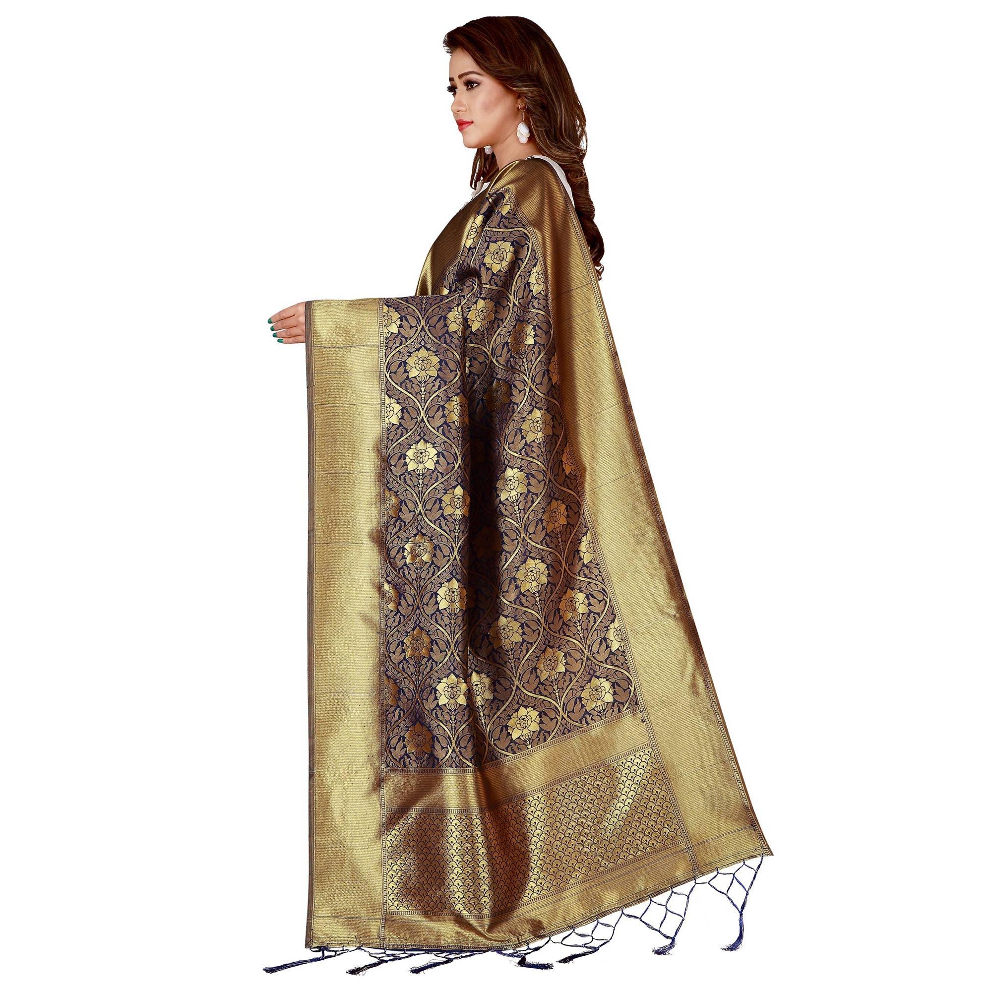 Graceful Navy Blue Colored Festive Wear Banarasi Silk Dupatta - Peachmode