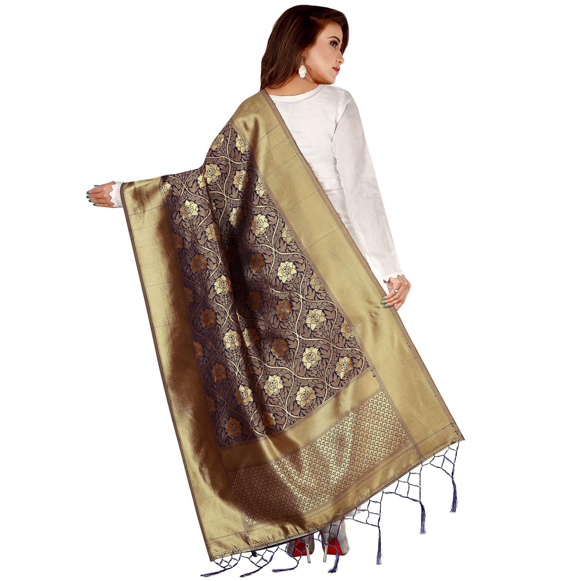 Graceful Navy Blue Colored Festive Wear Banarasi Silk Dupatta - Peachmode