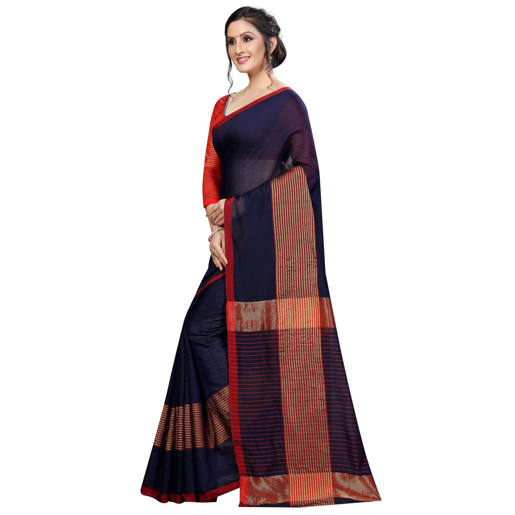 Graceful Navy Blue Colored Festive Wear Cotton Saree - Peachmode