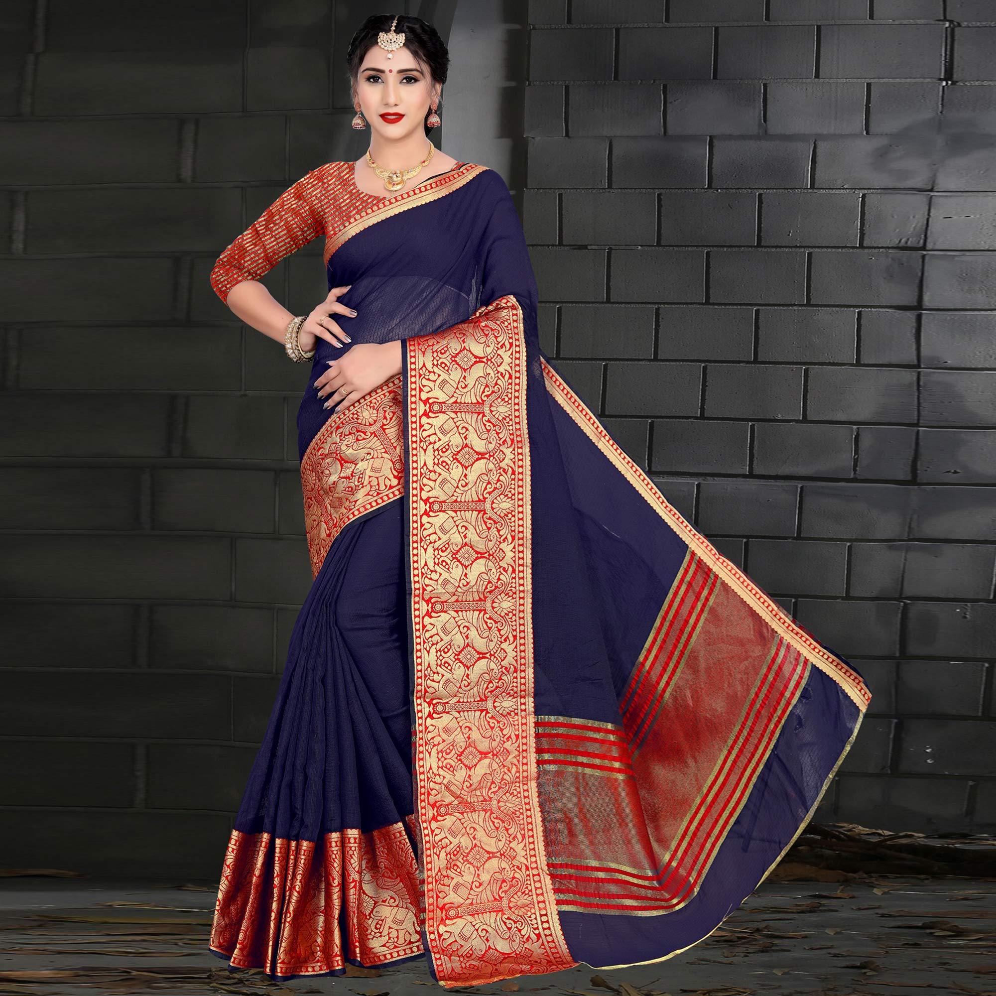 Graceful Navy Blue Colored Festive Wear Woven Heavy Cotton Saree - Peachmode