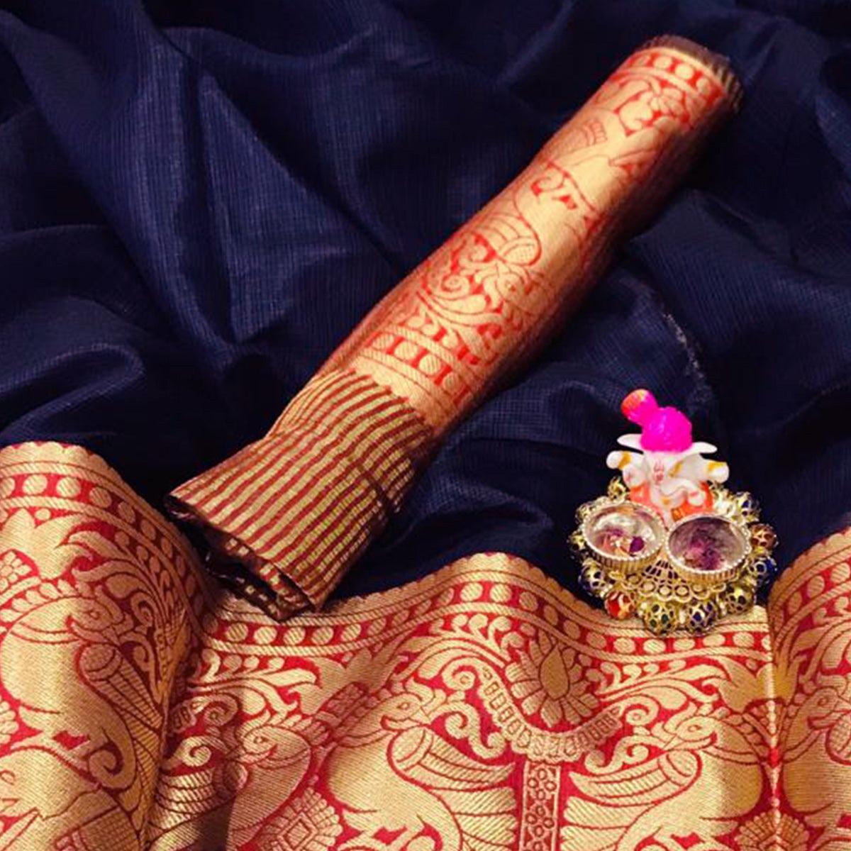 Graceful Navy Blue Colored Festive Wear Woven Heavy Cotton Saree - Peachmode