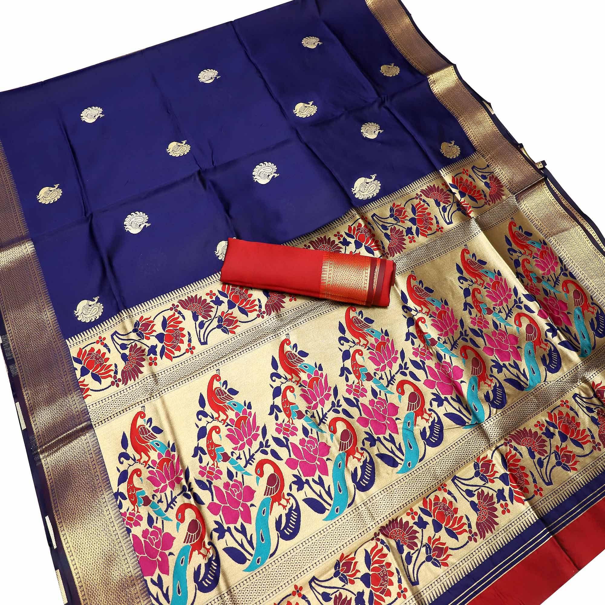 Graceful Navy Blue Colored Festive Wear Woven Kota Art Silk Banarasi Saree - Peachmode