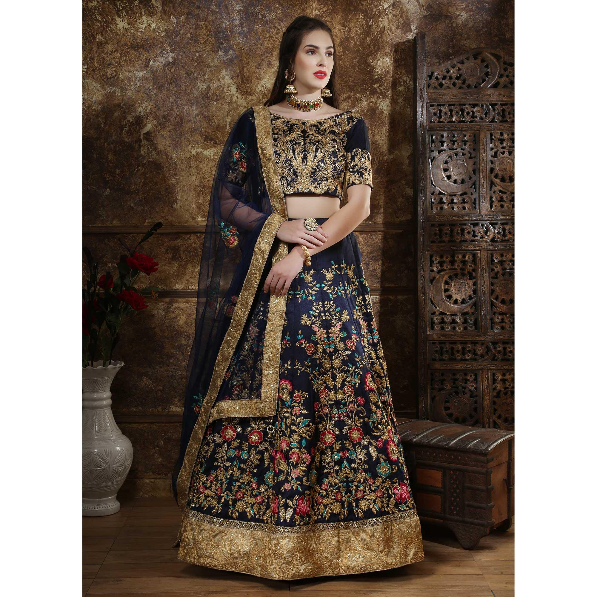 Graceful Navy Blue Colored Party Wear Embroidered Thai Silk Lehenga Choli - Peachmode