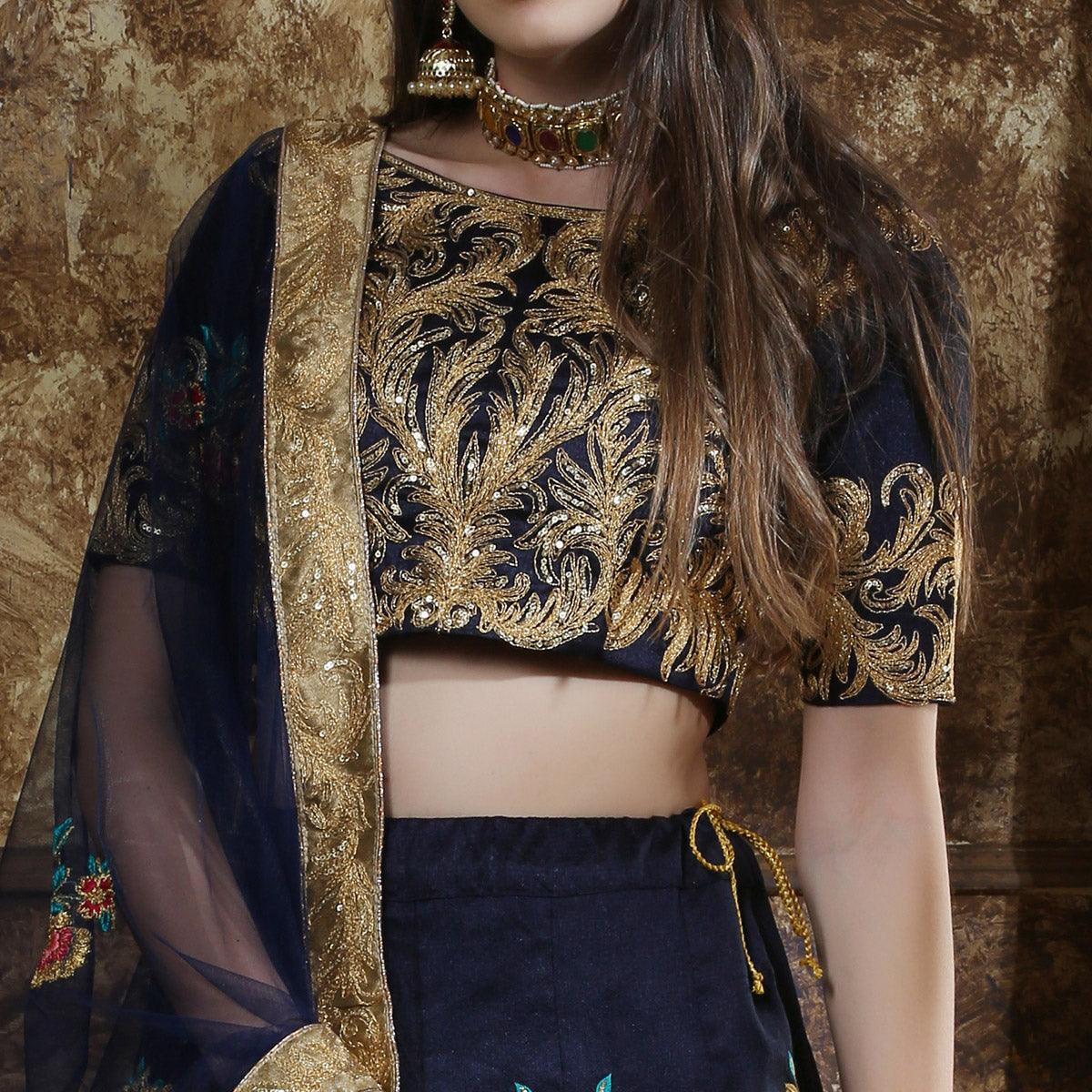 Graceful Navy Blue Colored Party Wear Embroidered Thai Silk Lehenga Choli - Peachmode