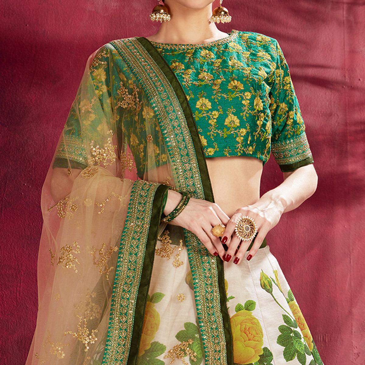 Graceful Off-White Colored Designer Digital Print And Embroidered Banglori Silk Lehenga Choli - Peachmode