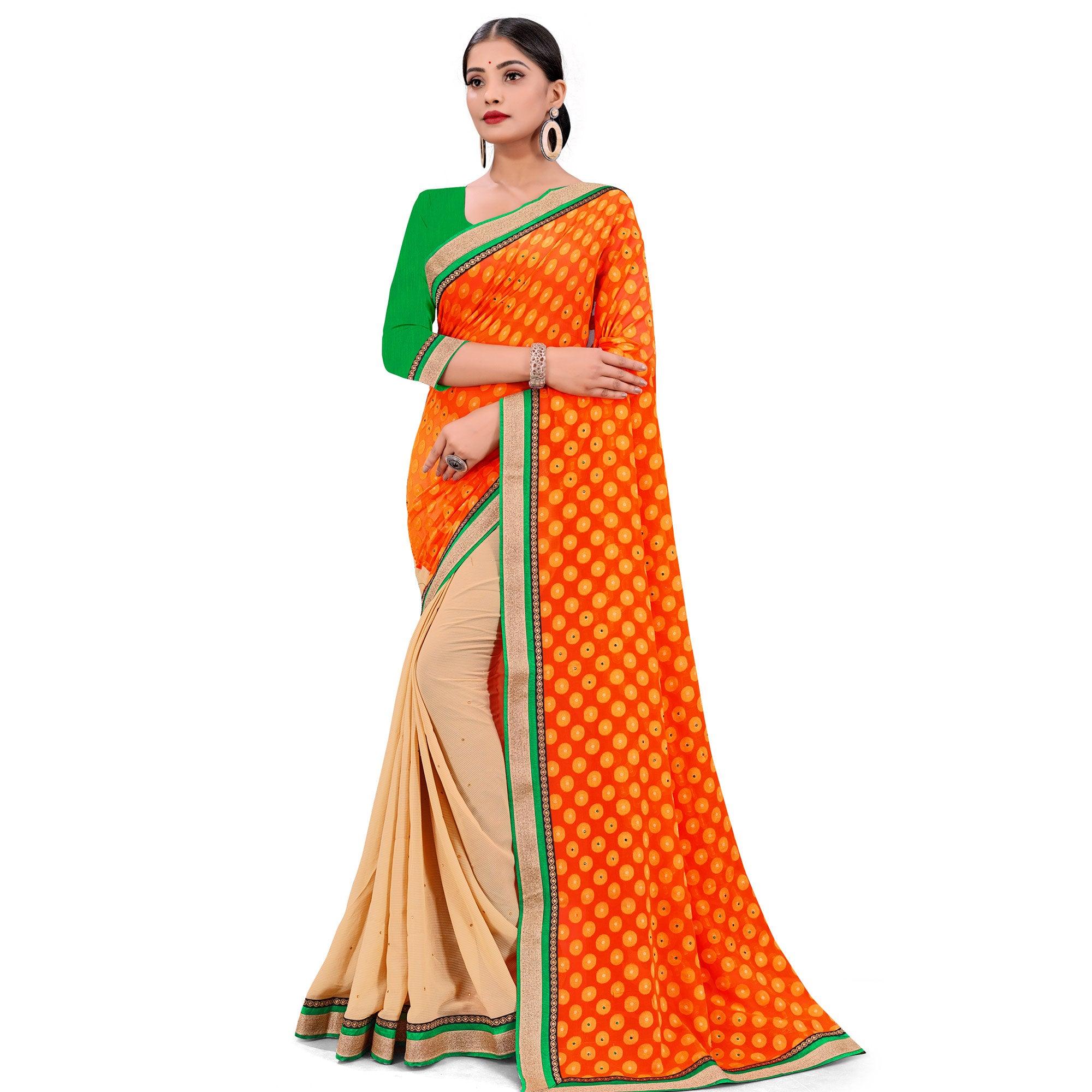 Graceful Orange-Beige Colored Party Wear Georgette Half-Half Saree - Peachmode