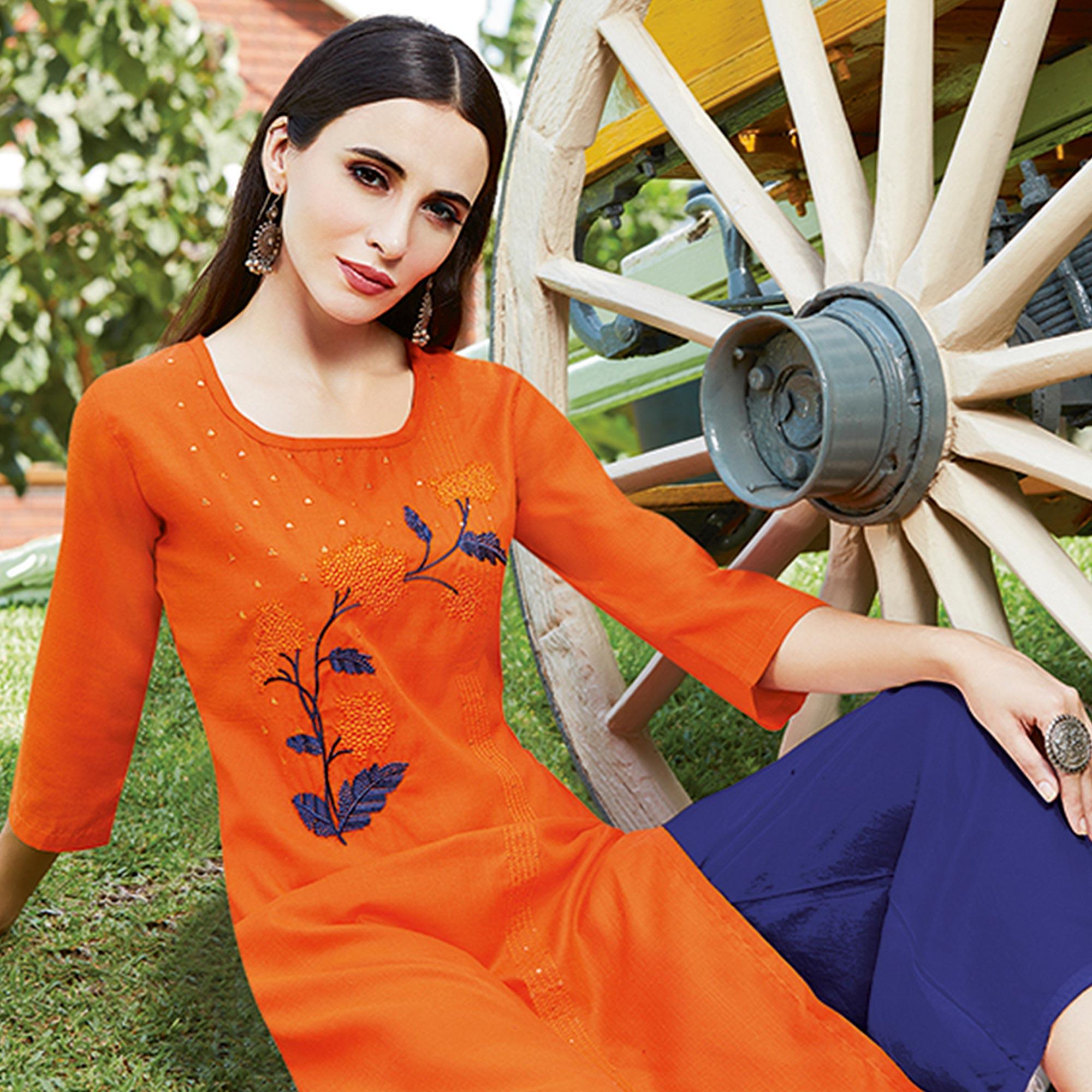 Graceful Orange Colored Casual Wear Embroidered Cotton Sulb Kurti - Peachmode