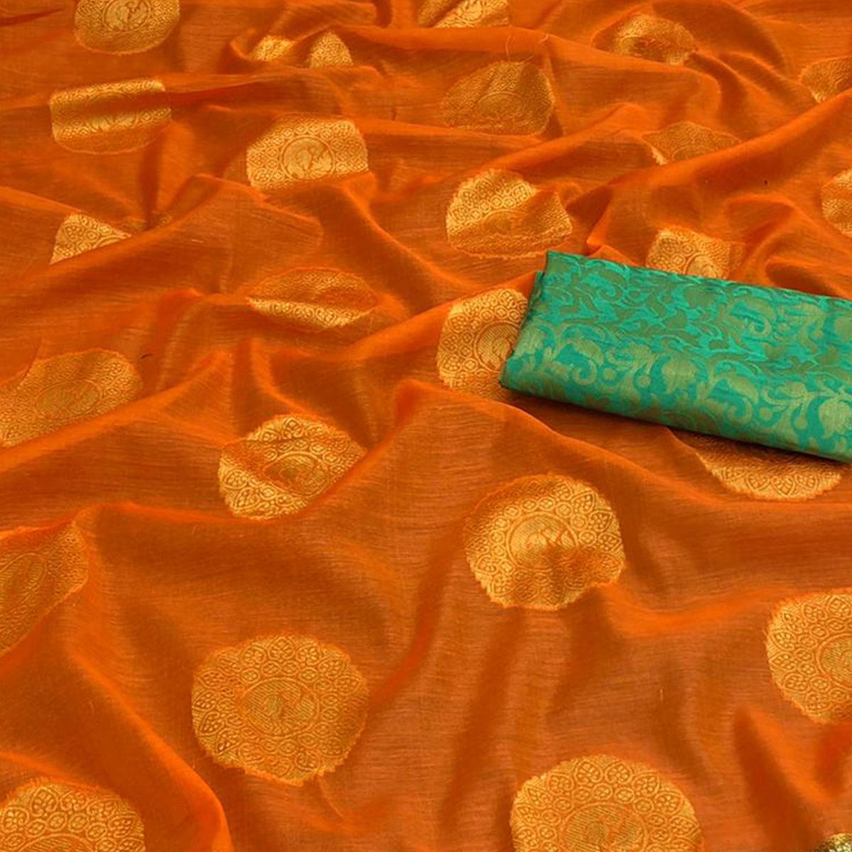 Graceful Orange Colored Festive Wear Woven Cotton Saree - Peachmode