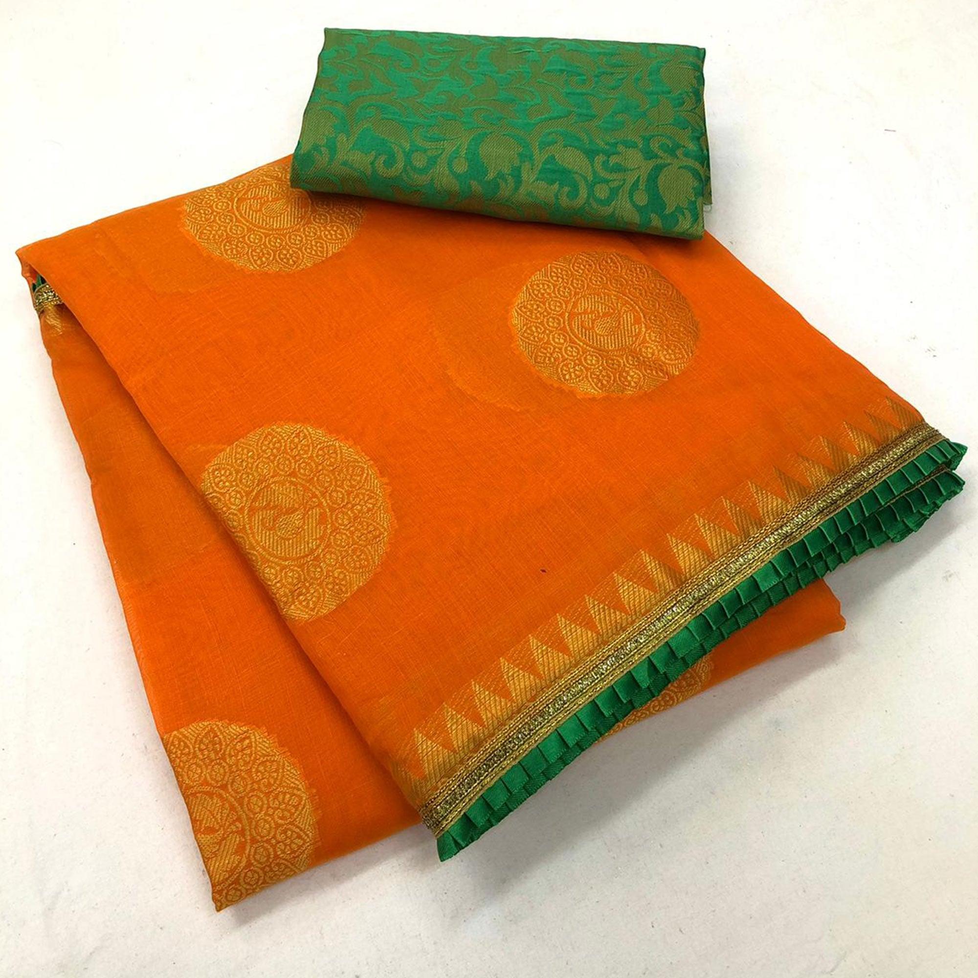 Graceful Orange Colored Festive Wear Woven Cotton Saree - Peachmode