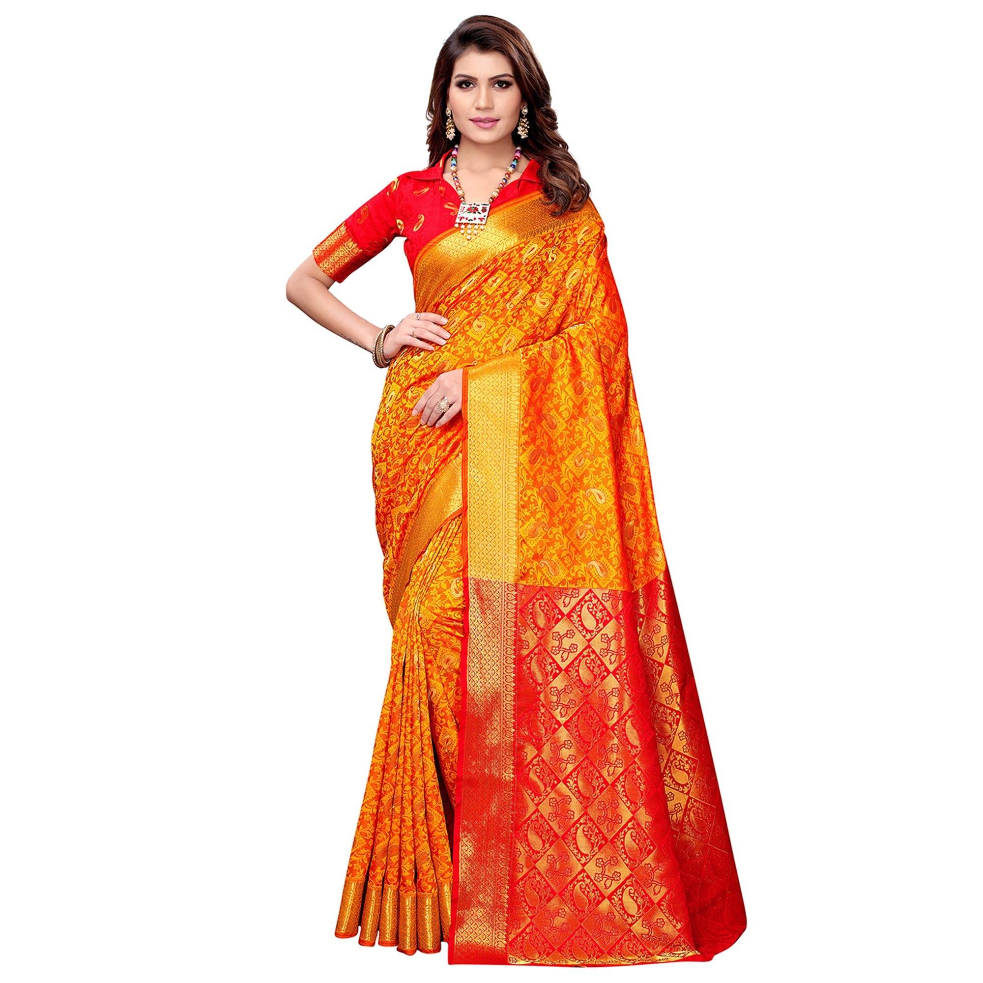 Graceful Orange Colored Festive Wear Woven Silk Saree - Peachmode