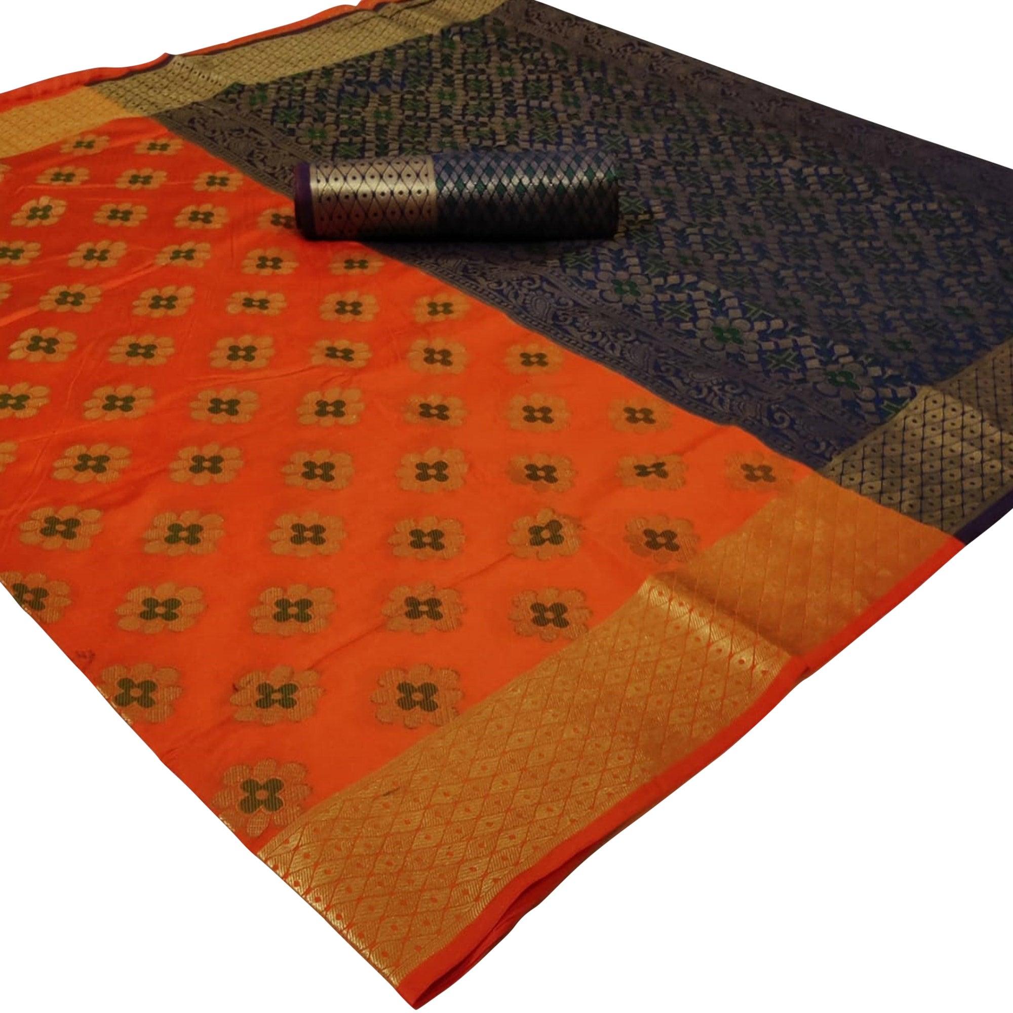 Graceful Orange Colored Festive Wear Woven Silk Saree - Peachmode
