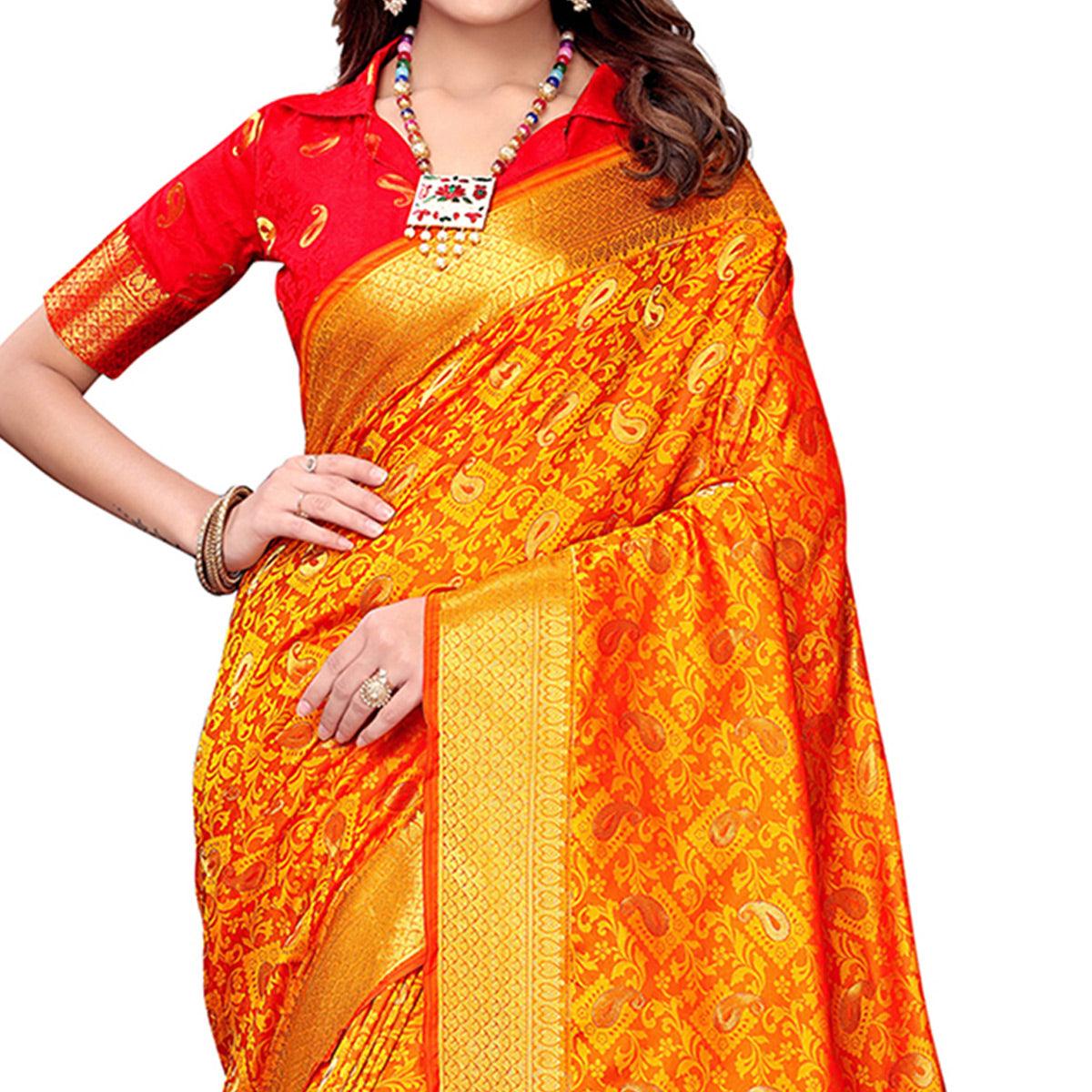 Graceful Orange Colored Festive Wear Woven Silk Saree - Peachmode