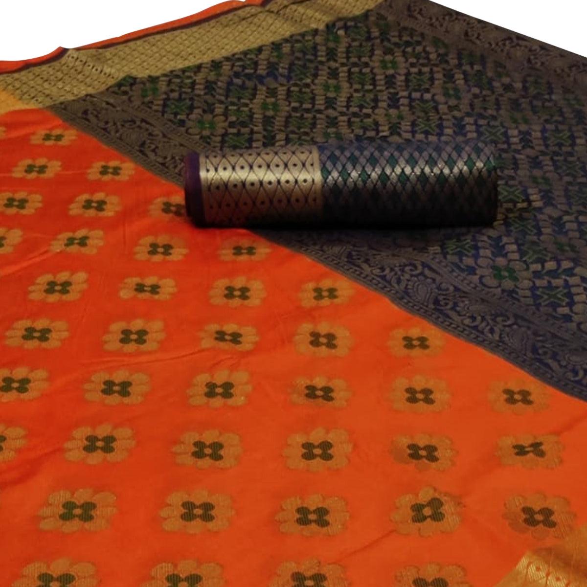 Graceful Orange Colored Festive Wear Woven Silk Saree - Peachmode
