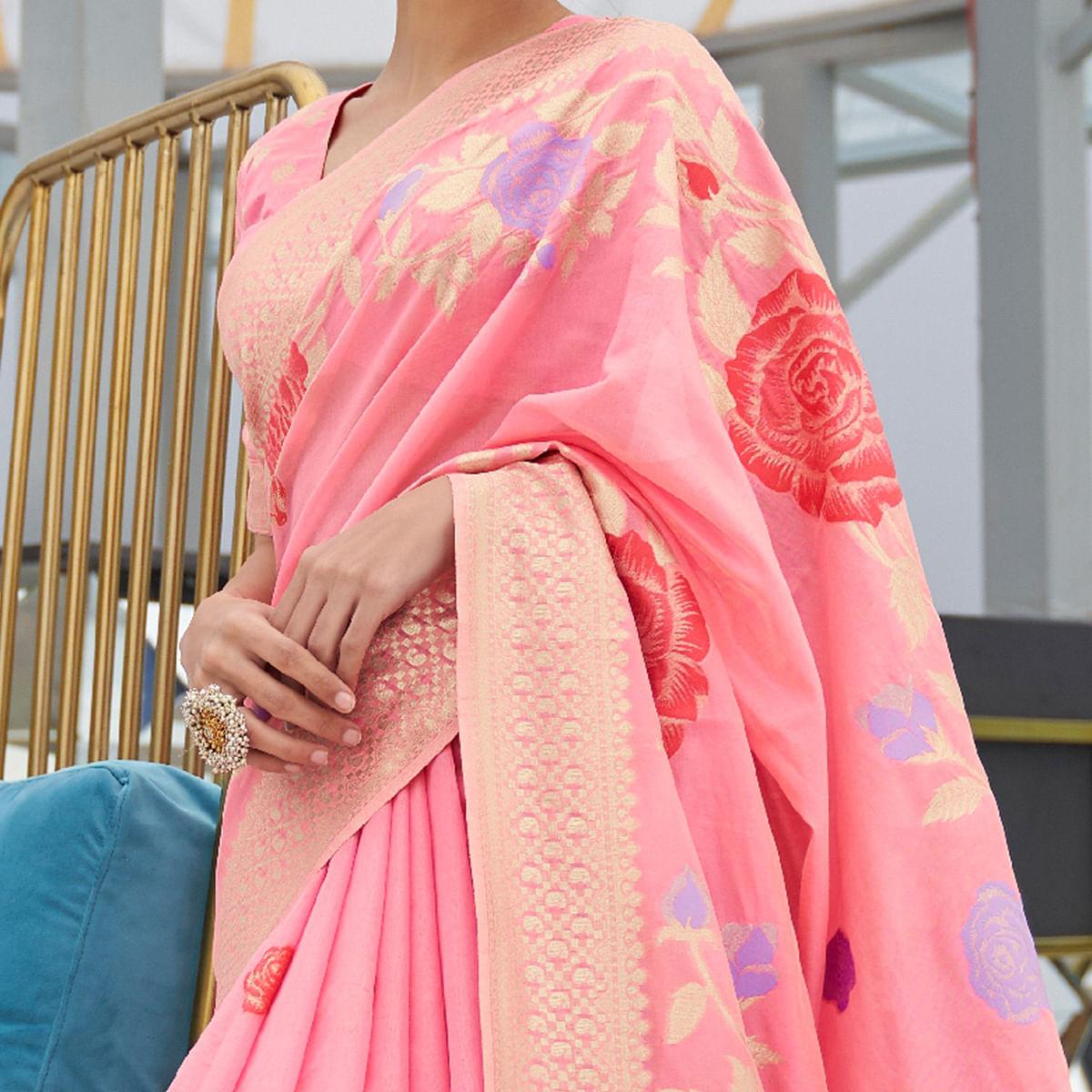 Graceful Peach Colored Festive Wear Printed Dola Weaving Art Silk Saree - Peachmode