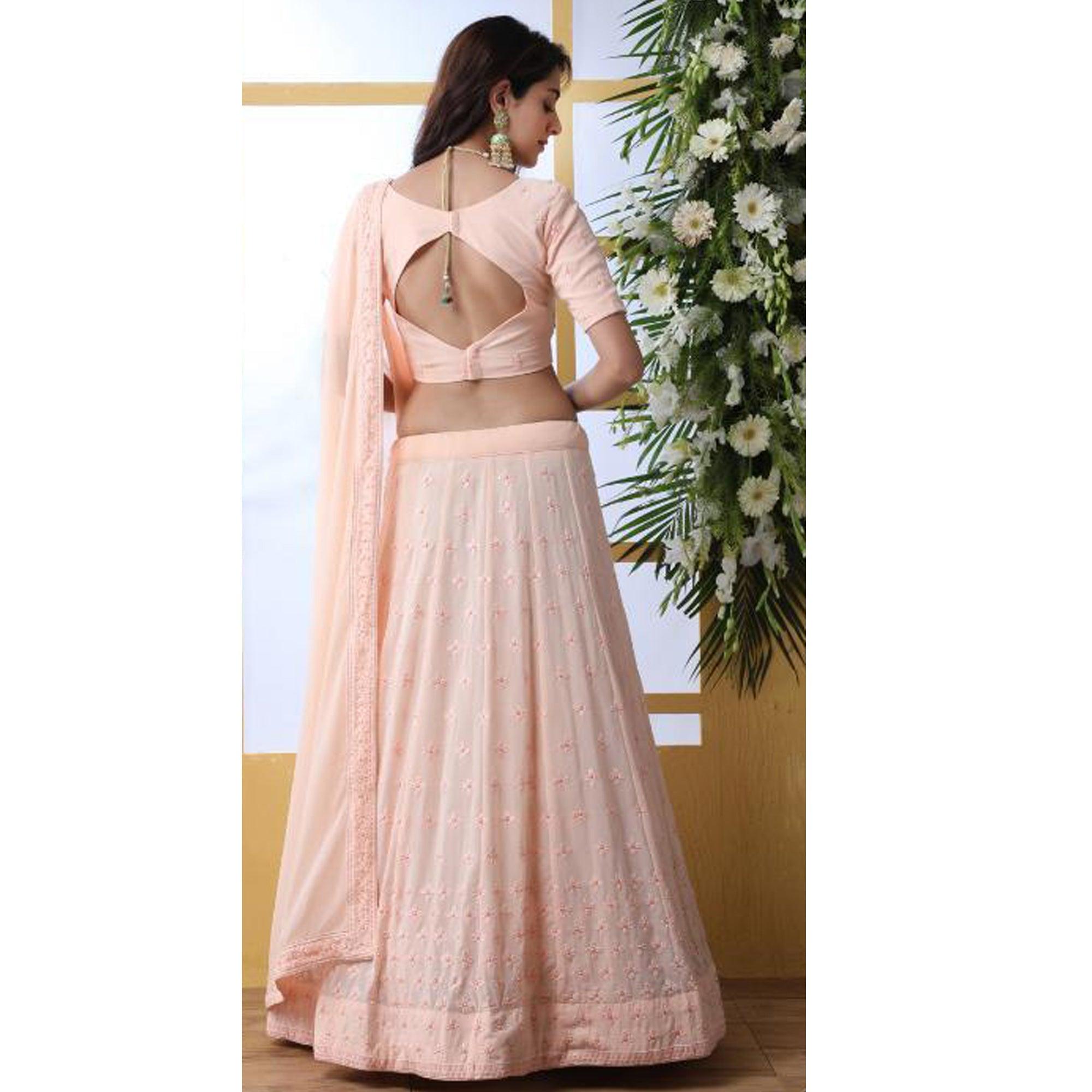 Graceful Peach Colored Party Wear Embrodiered Georgette Lehenga Choli - Peachmode