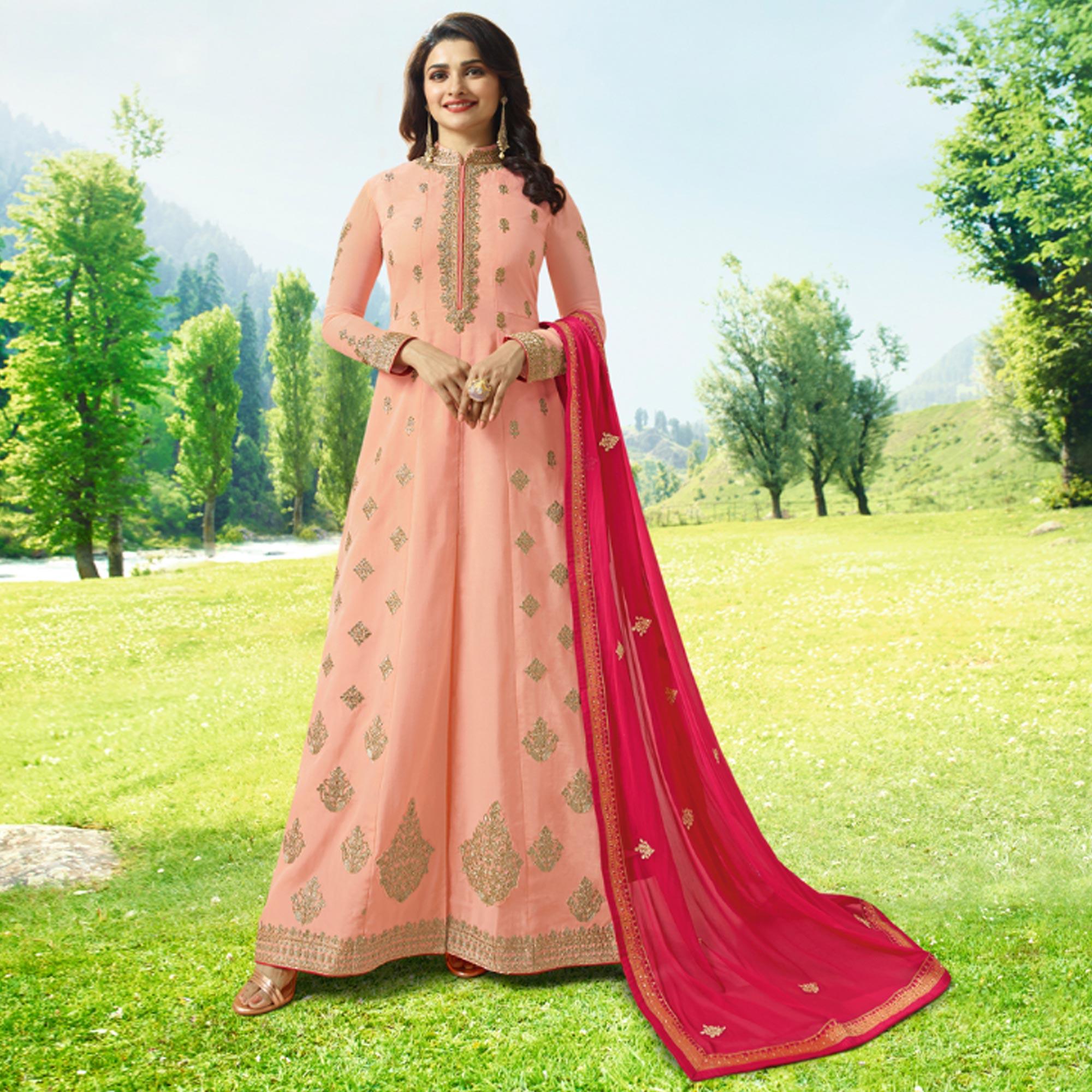 Graceful Peach Colored Party Wear Embroidered Art Silk Anarkali Suit - Peachmode