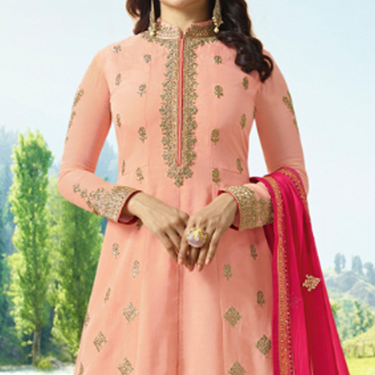 Graceful Peach Colored Party Wear Embroidered Art Silk Anarkali Suit - Peachmode