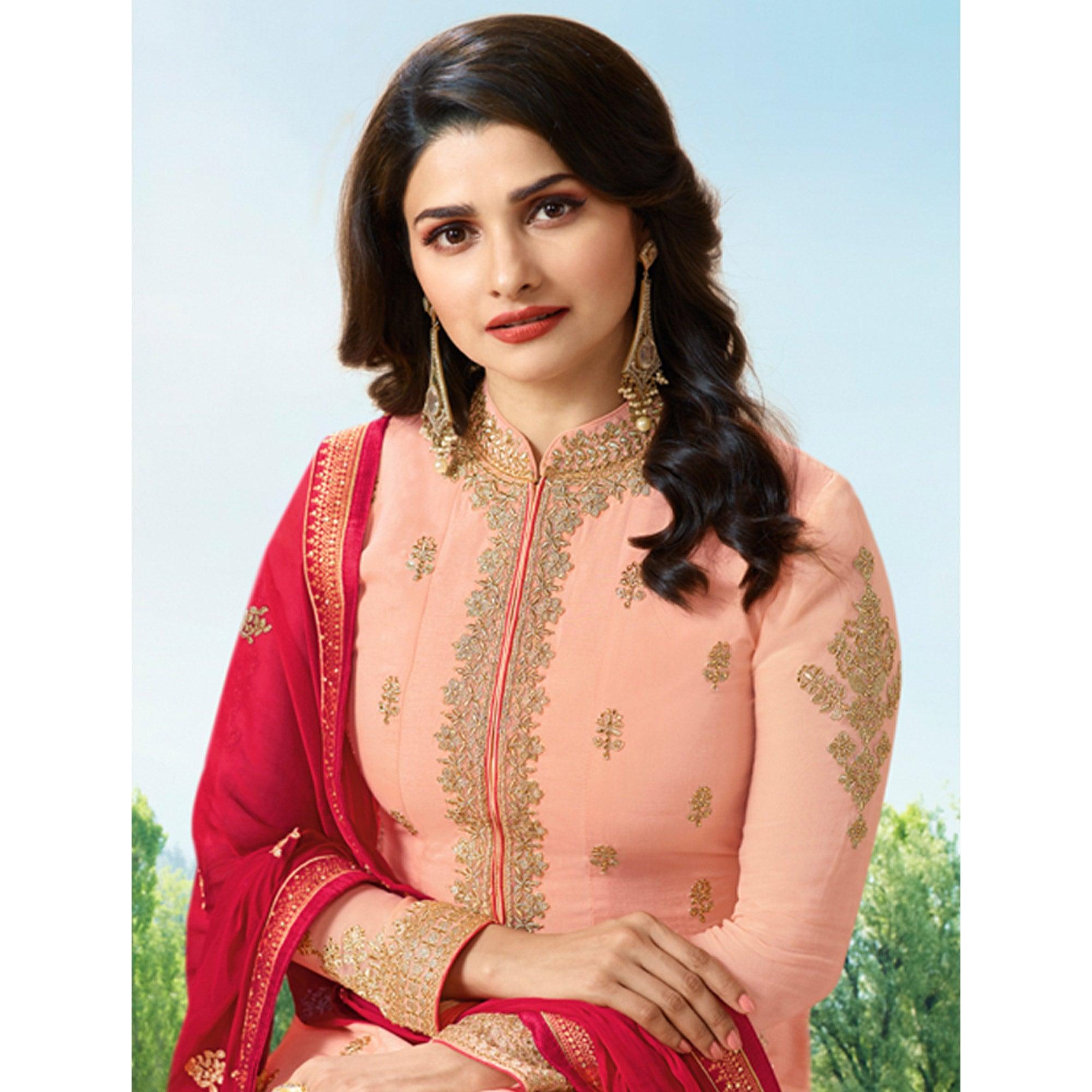 Graceful Peach Colored Party Wear Embroidered Art Silk Anarkali Suit - Peachmode