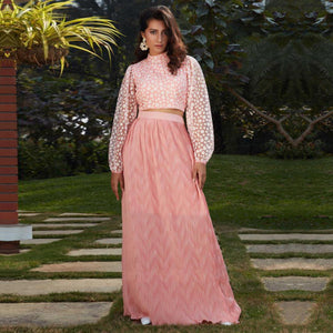 Graceful Pink Colored Casual Wear Printed Western Crop Top - Skirt Set - Peachmode