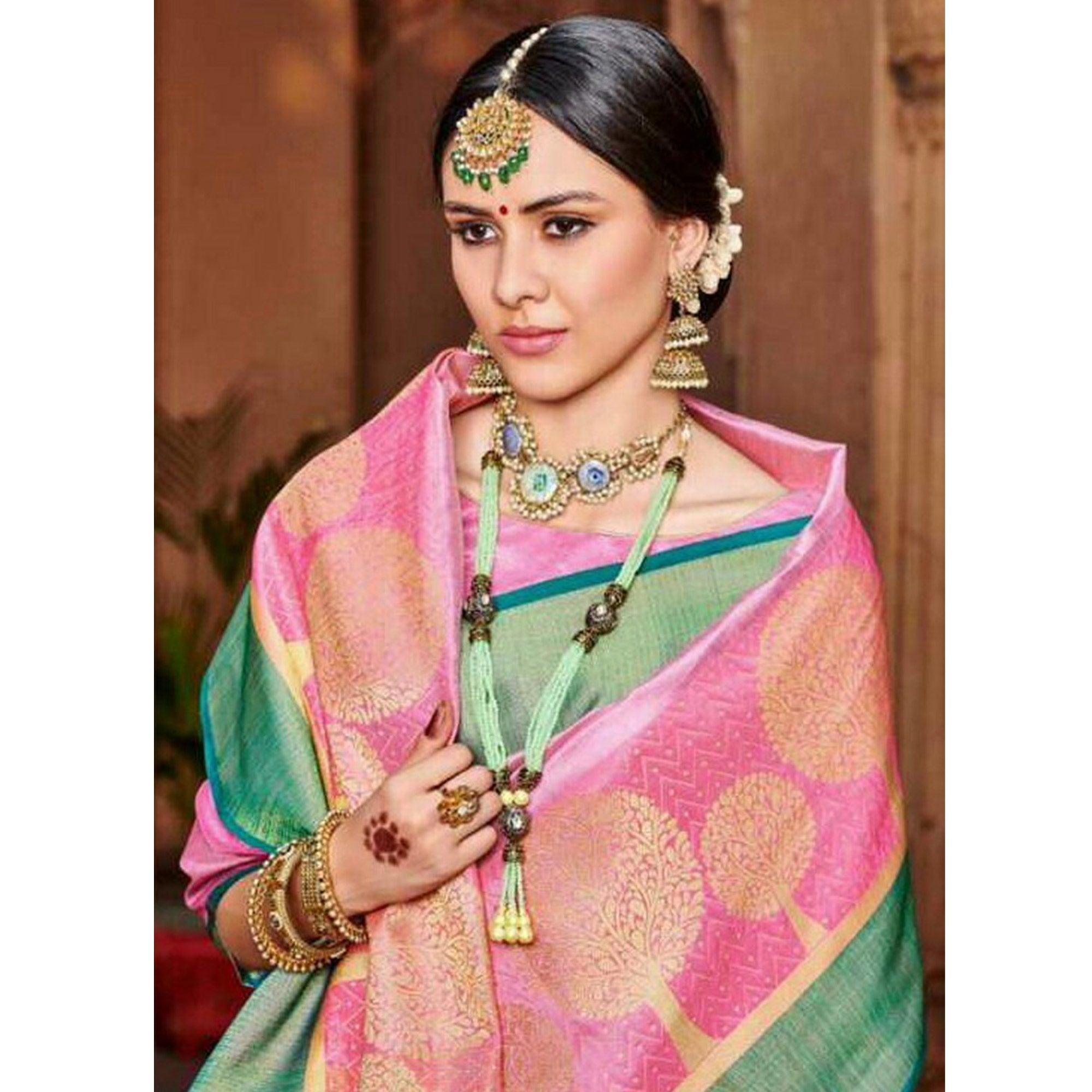 Graceful Pink Colored Festive Wear Woven Art Silk Saree - Peachmode