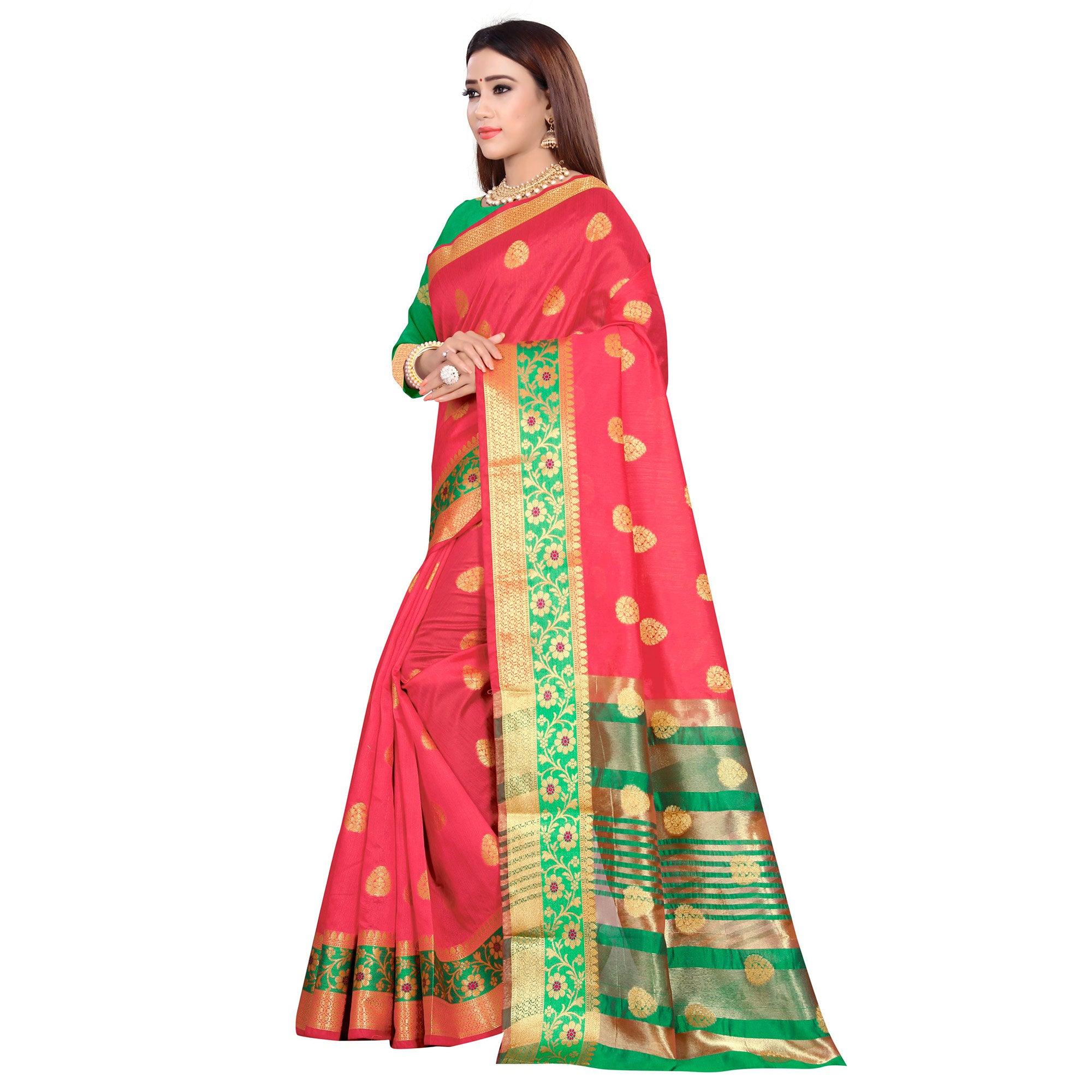 Graceful Pink Colored Festive Wear Woven Art Silk Saree - Peachmode