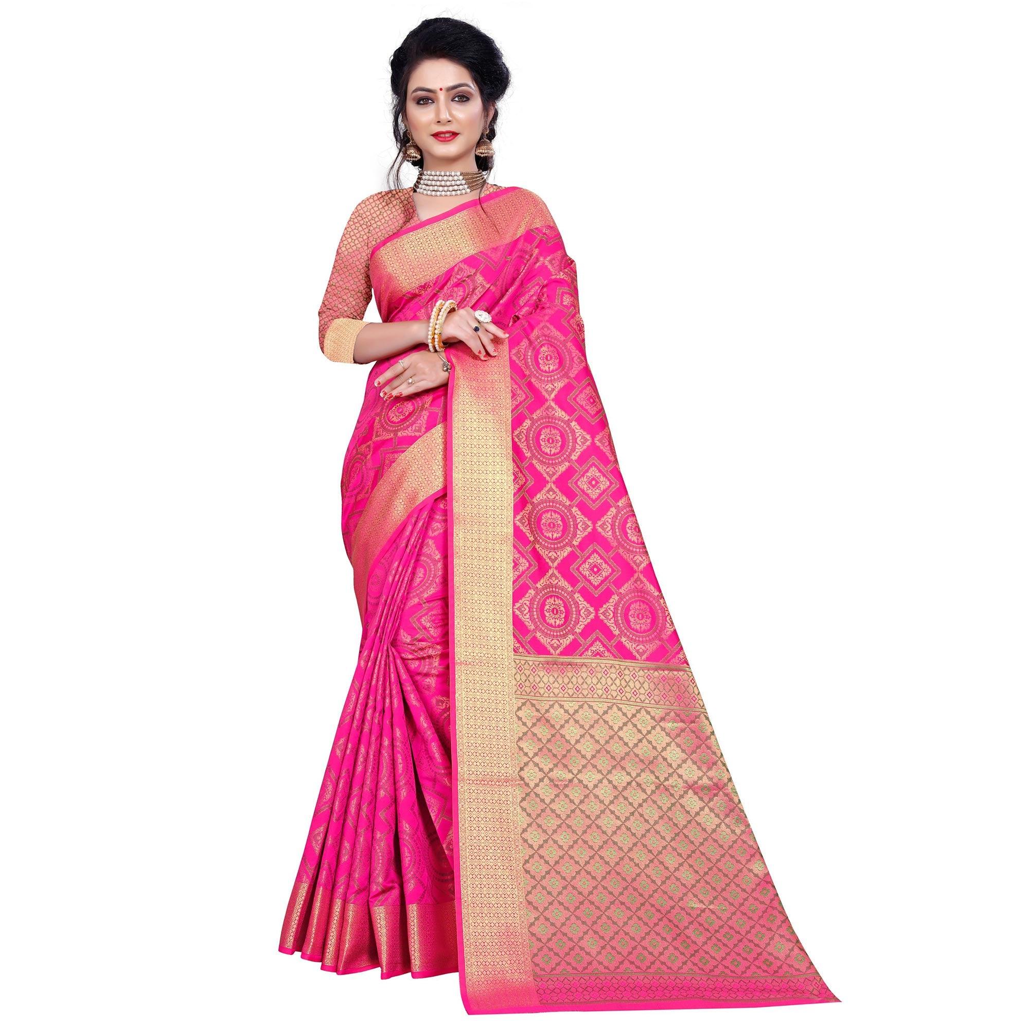 Graceful Pink Colored Festive Wear Woven Banarasi Silk Saree - Peachmode