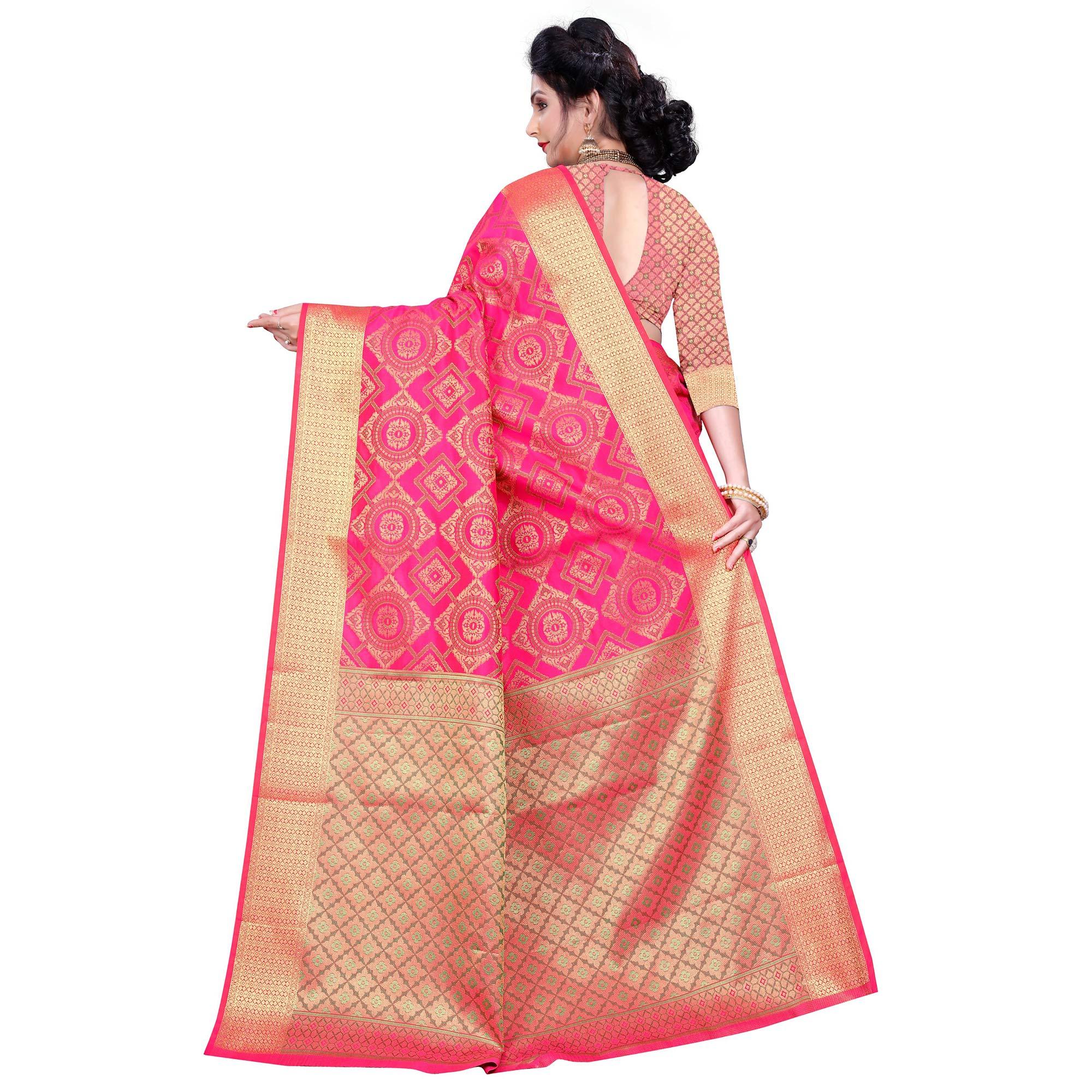 Graceful Pink Colored Festive Wear Woven Banarasi Silk Saree - Peachmode