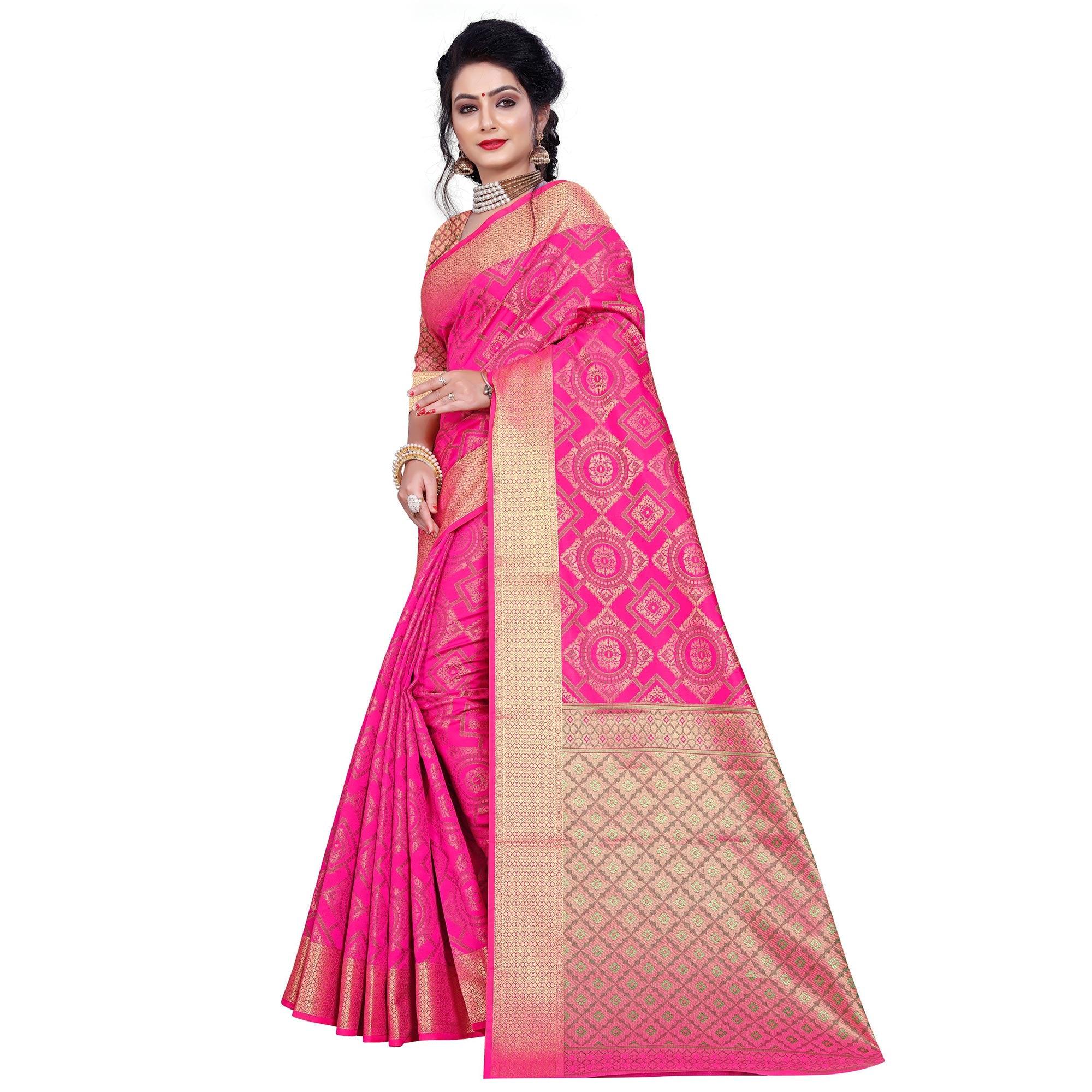 Graceful Pink Colored Festive Wear Woven Banarasi Silk Saree - Peachmode