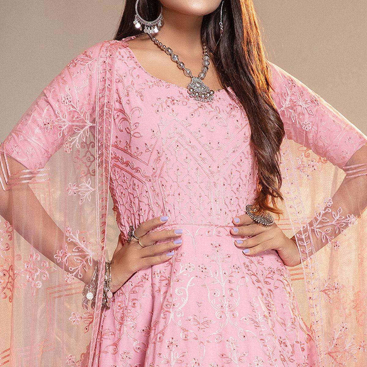 Graceful Pink Colored Partywear Embroidered Georgette Anarkali Suit - Peachmode