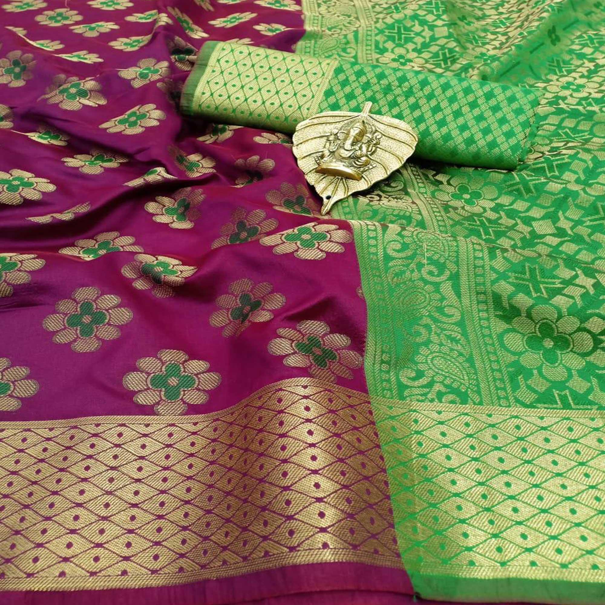 Graceful Purple Colored Festive Wear Woven Silk Saree - Peachmode