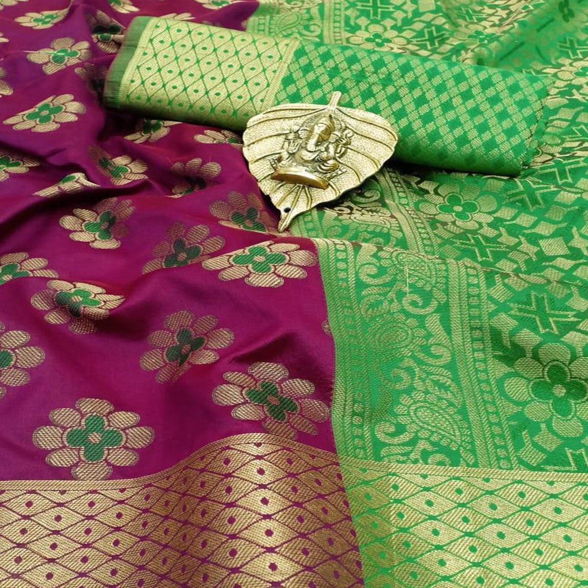 Graceful Purple Colored Festive Wear Woven Silk Saree - Peachmode
