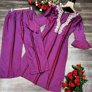 Graceful Purple Colored Partywear Embroidered Pure Viscose Santoori Kurti - Palazzo Set - Peachmode