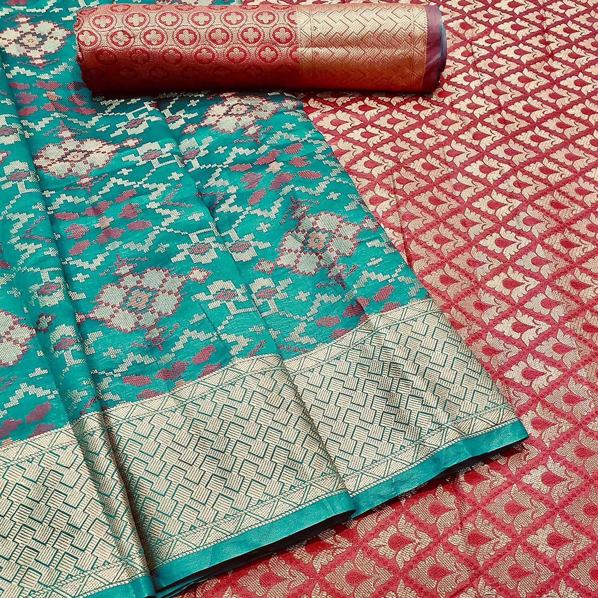 Graceful Rama Colored Festive Wear Woven Banarasi Silk Saree - Peachmode