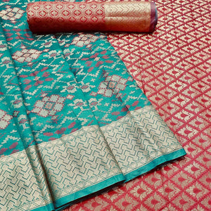 Graceful Rama Colored Festive Wear Woven Banarasi Silk Saree - Peachmode